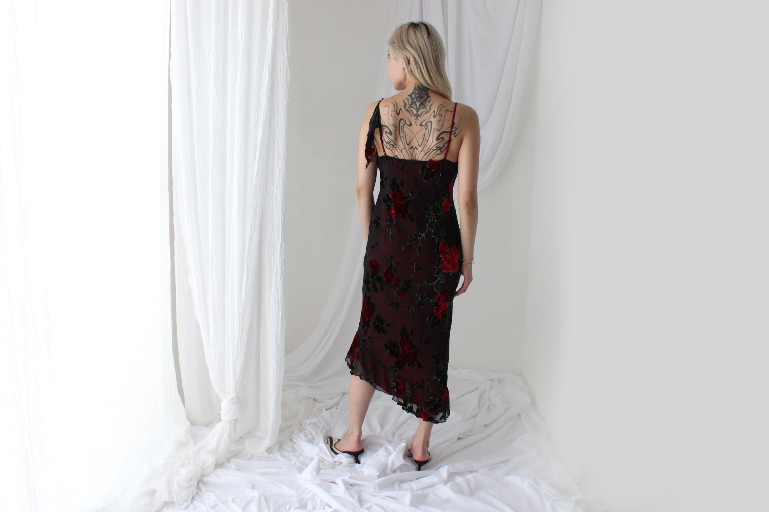 Y2K PURE SILK Rose Gothic Velvet Burnout Asymmetric Cocktail Dress