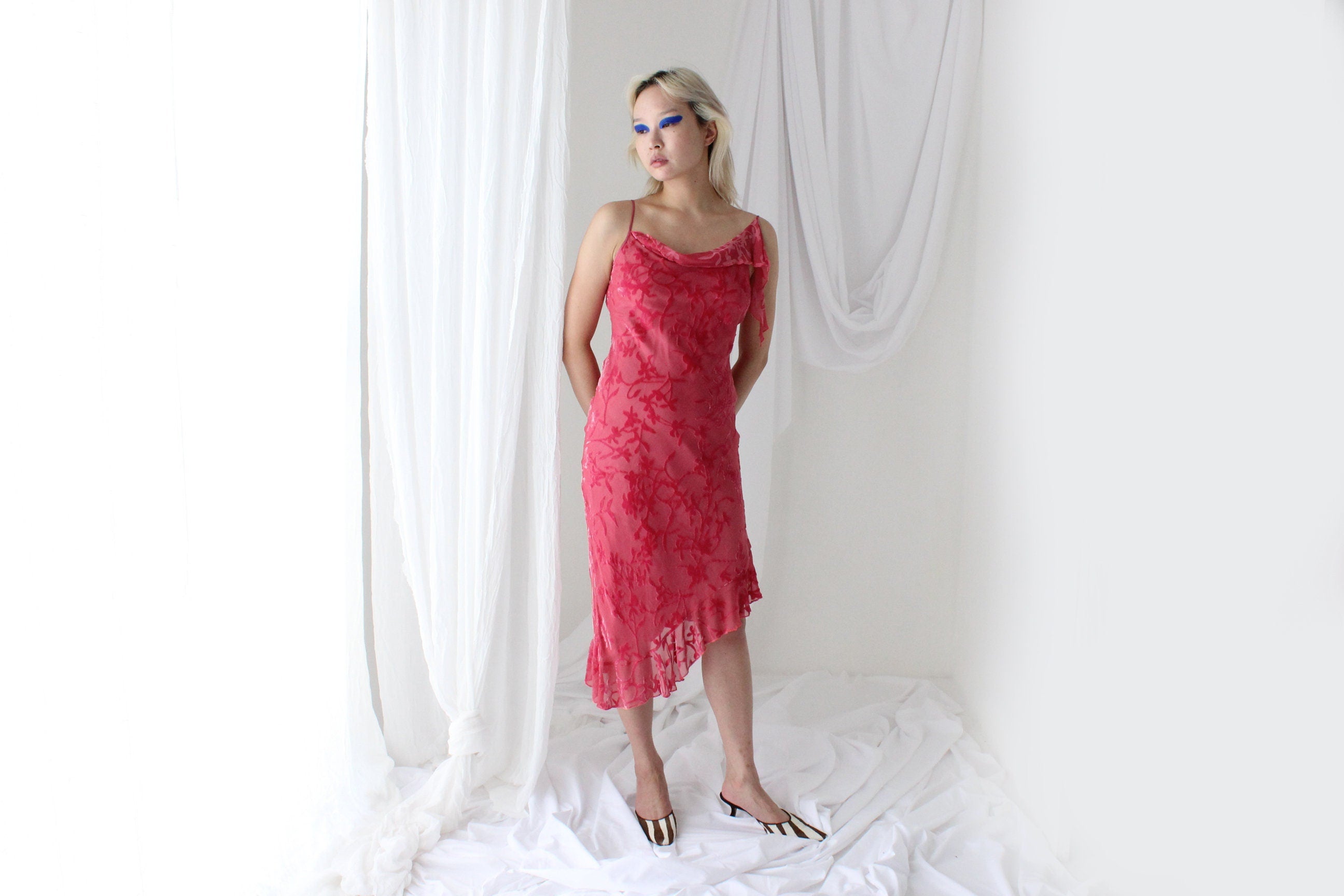 Y2K PURE SILK Velvet Burnout Asymmetric Ruffle Dress