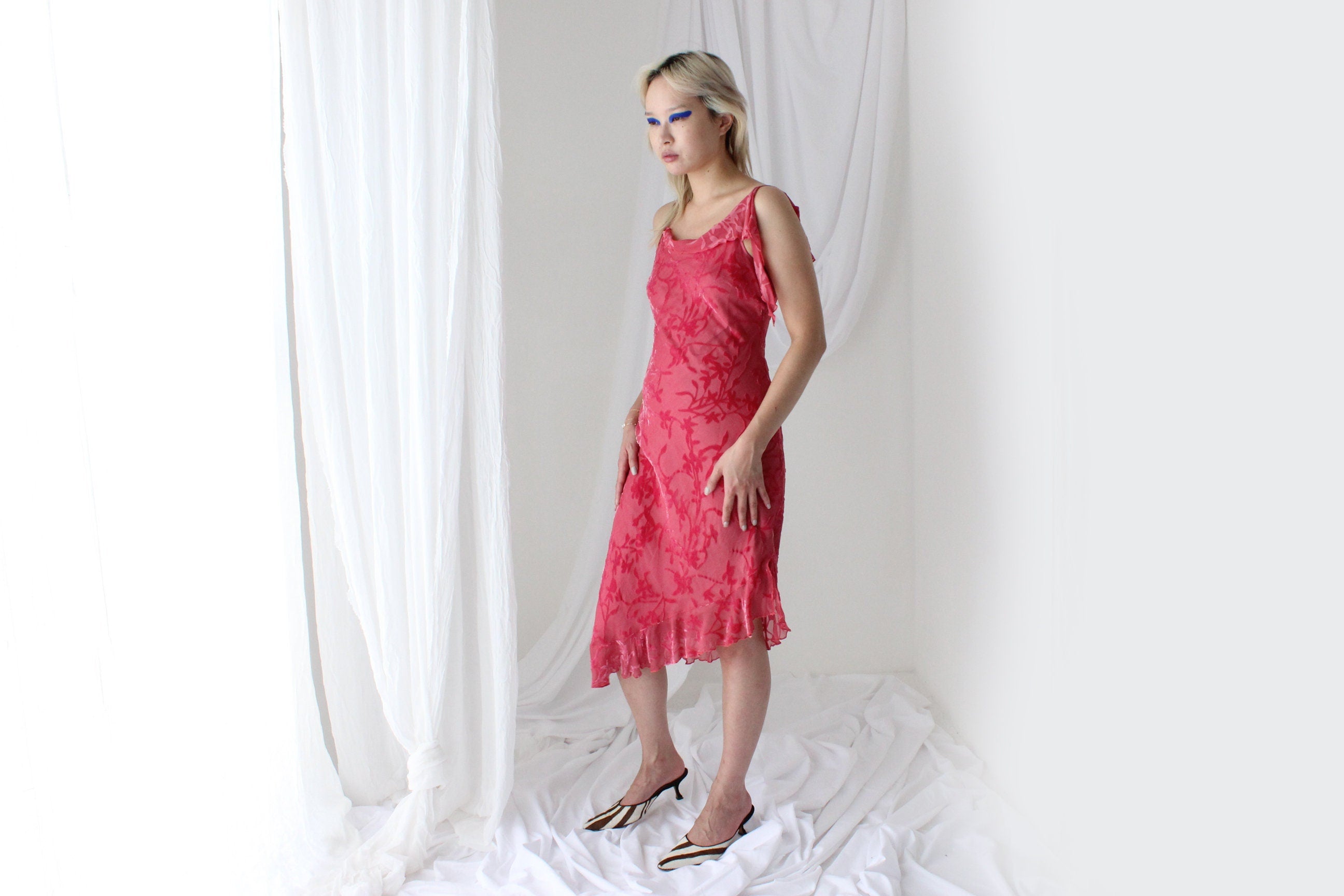 Y2K PURE SILK Velvet Burnout Asymmetric Ruffle Dress