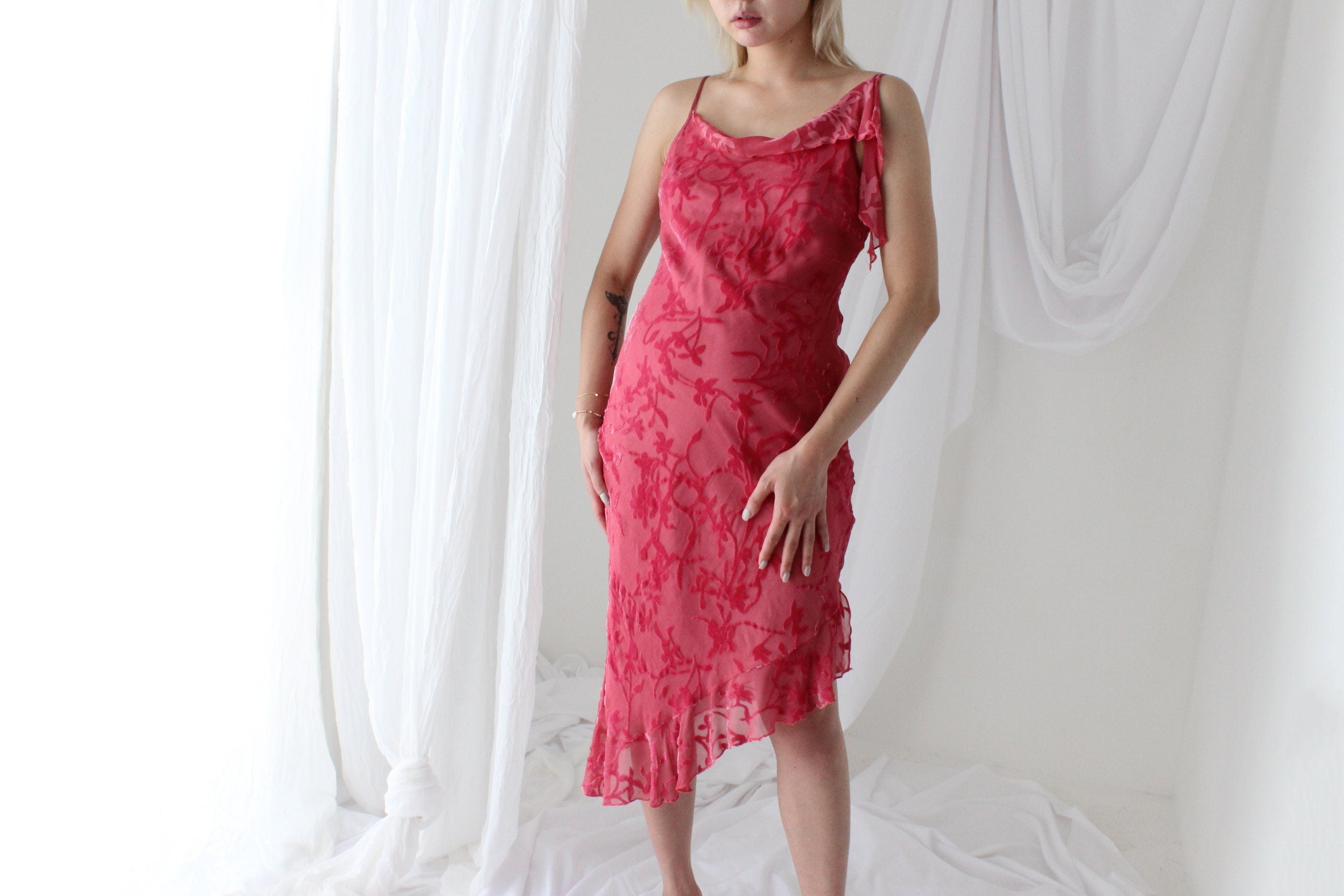 Y2K PURE SILK Velvet Burnout Asymmetric Ruffle Dress