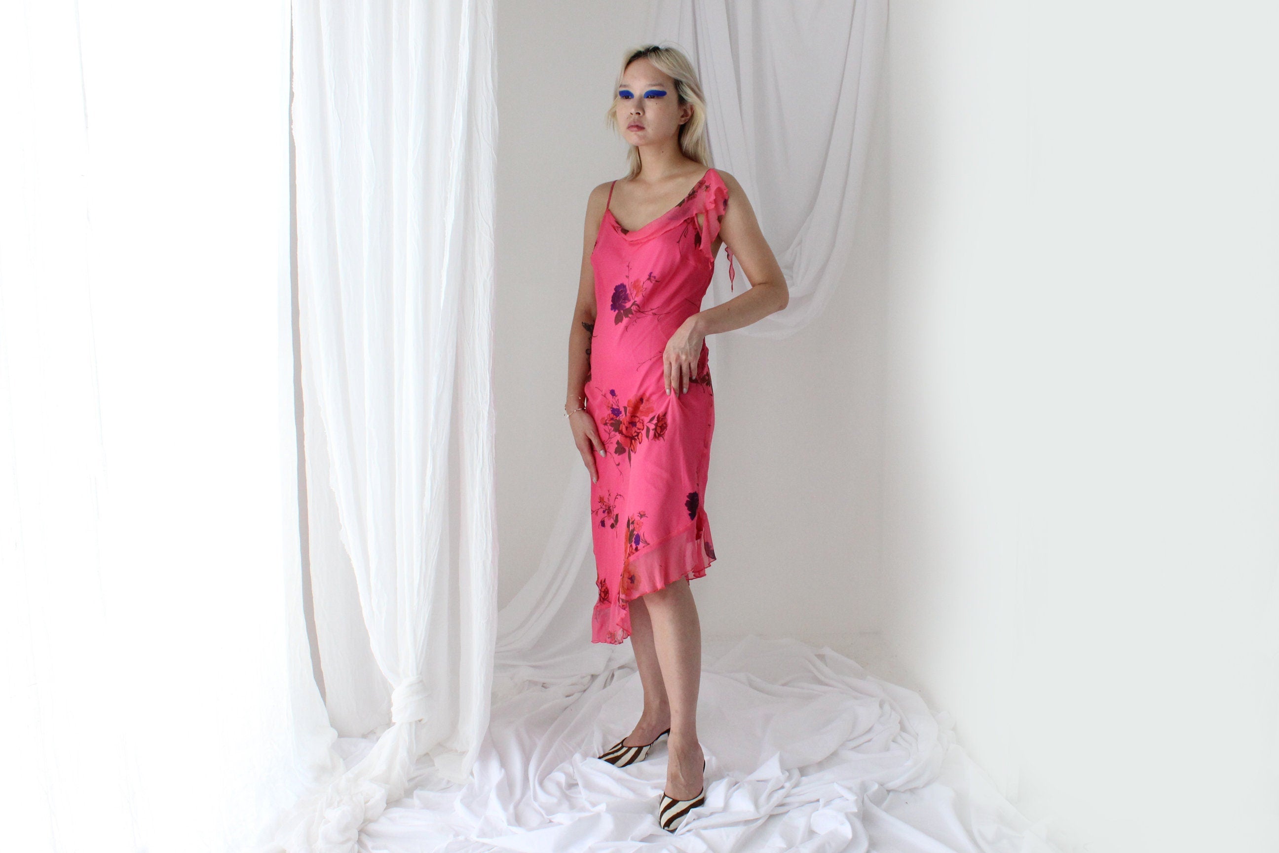 Spectacular Y2K PURE SILK Neon Pink Asymmetric Dress