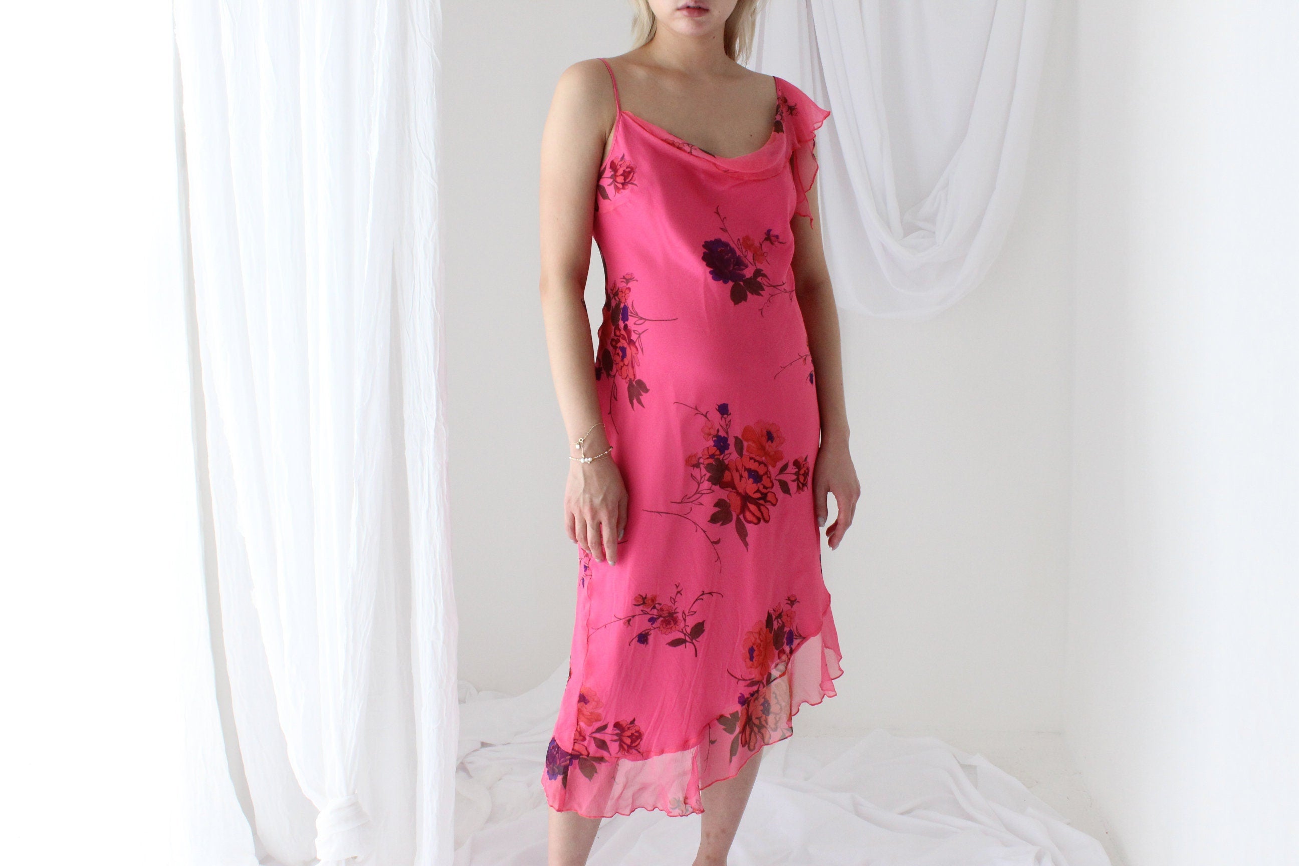 Spectacular Y2K PURE SILK Neon Pink Asymmetric Dress