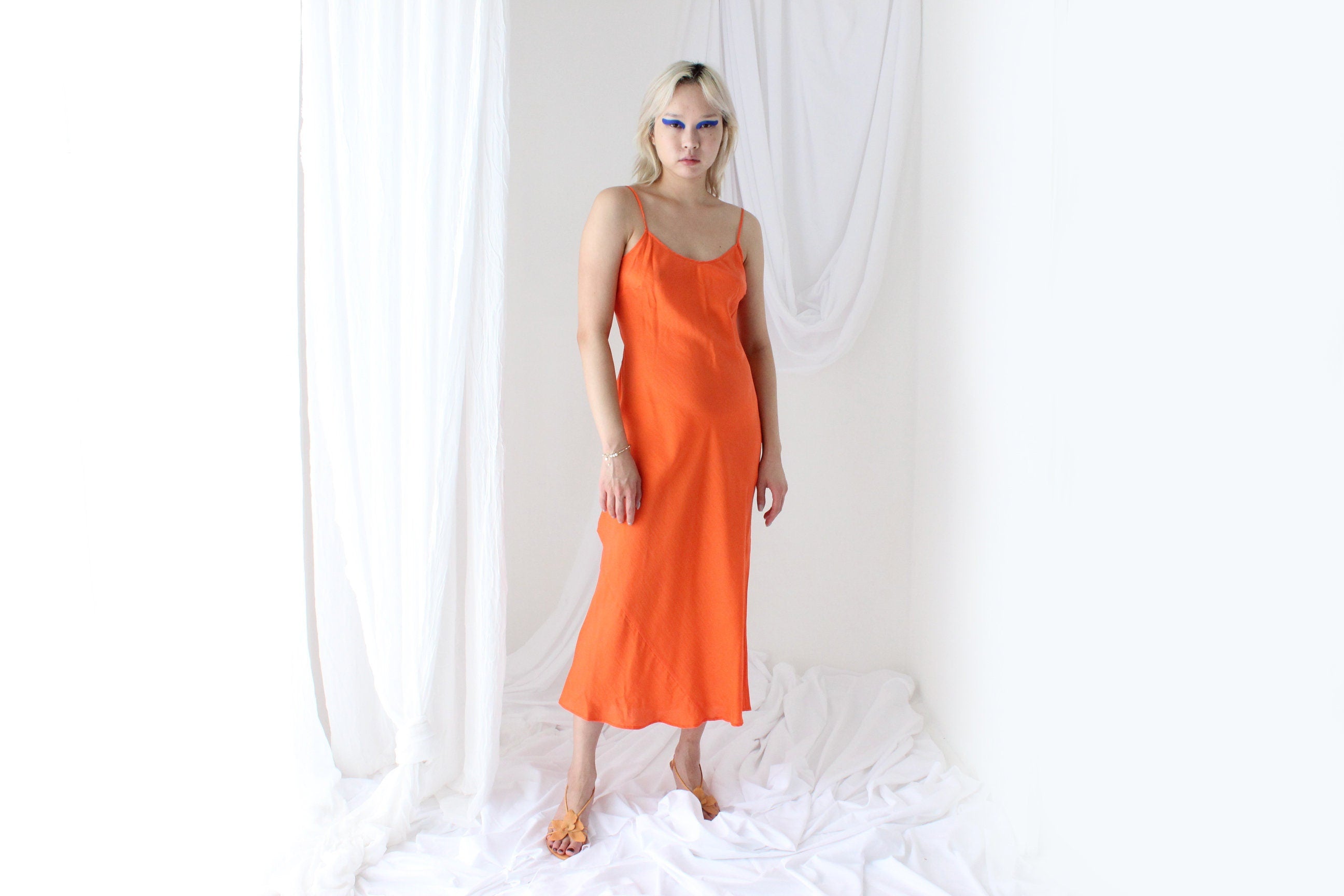 90s Pure Silk Bias Cut Slip Dress in Tangerine