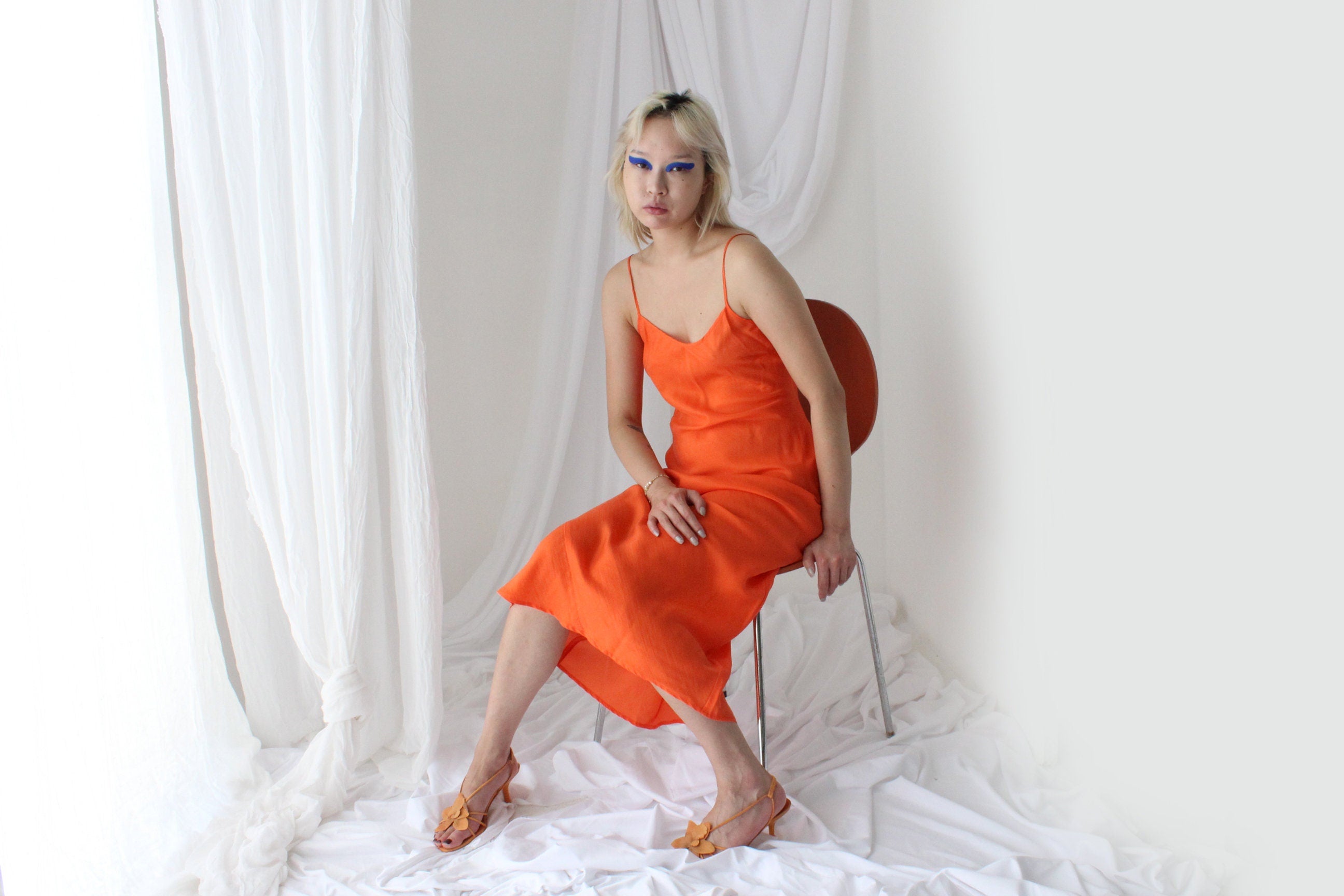 90s Pure Silk Bias Cut Slip Dress in Tangerine