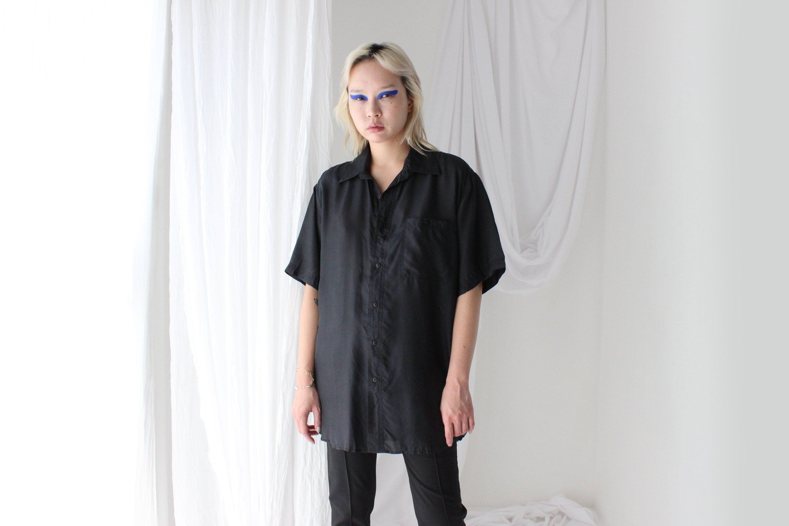 80s PURE SILK Ink Black Boxy Oversized Shirt