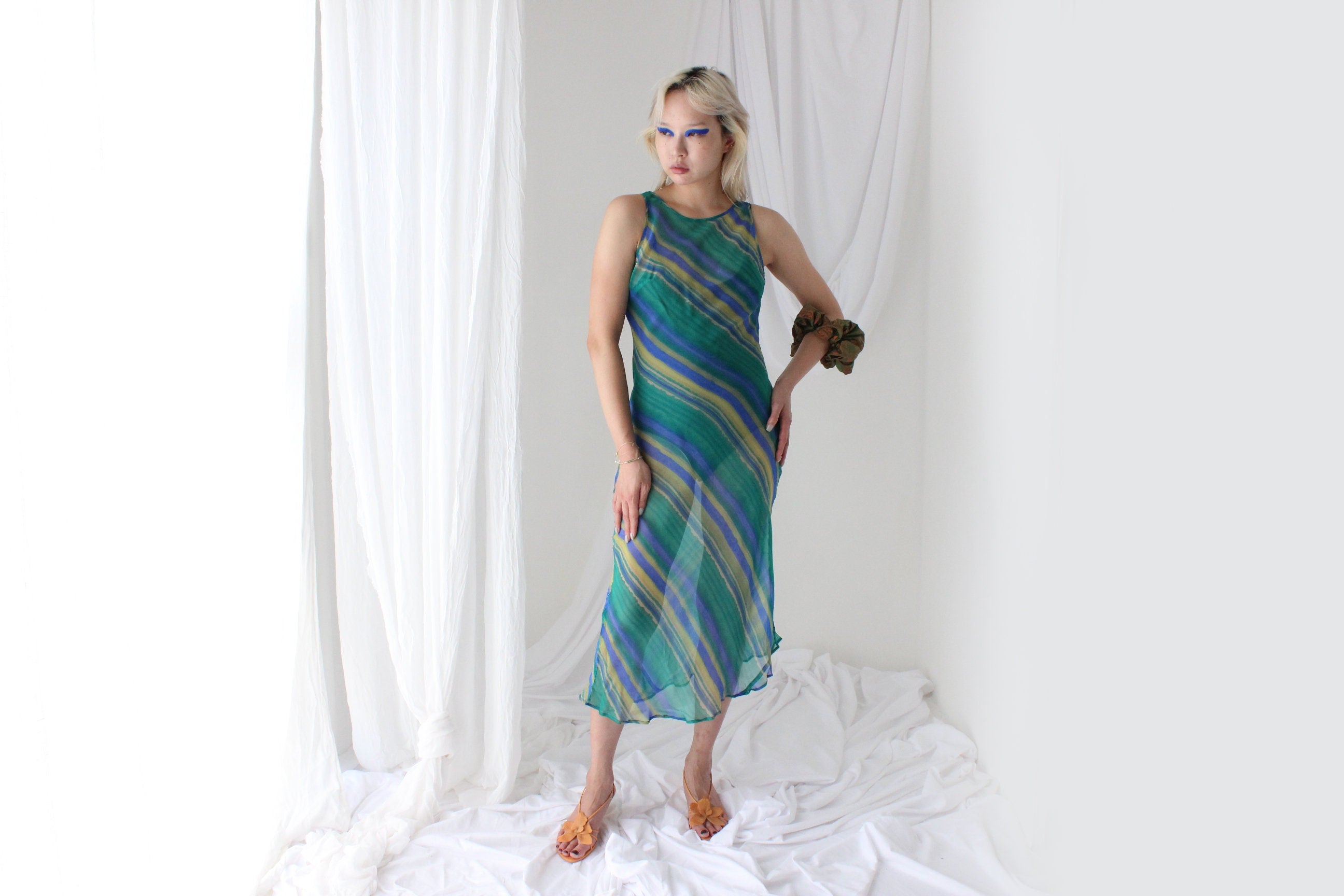 90s PURE SILK Stripe Print Bias Cut Dress