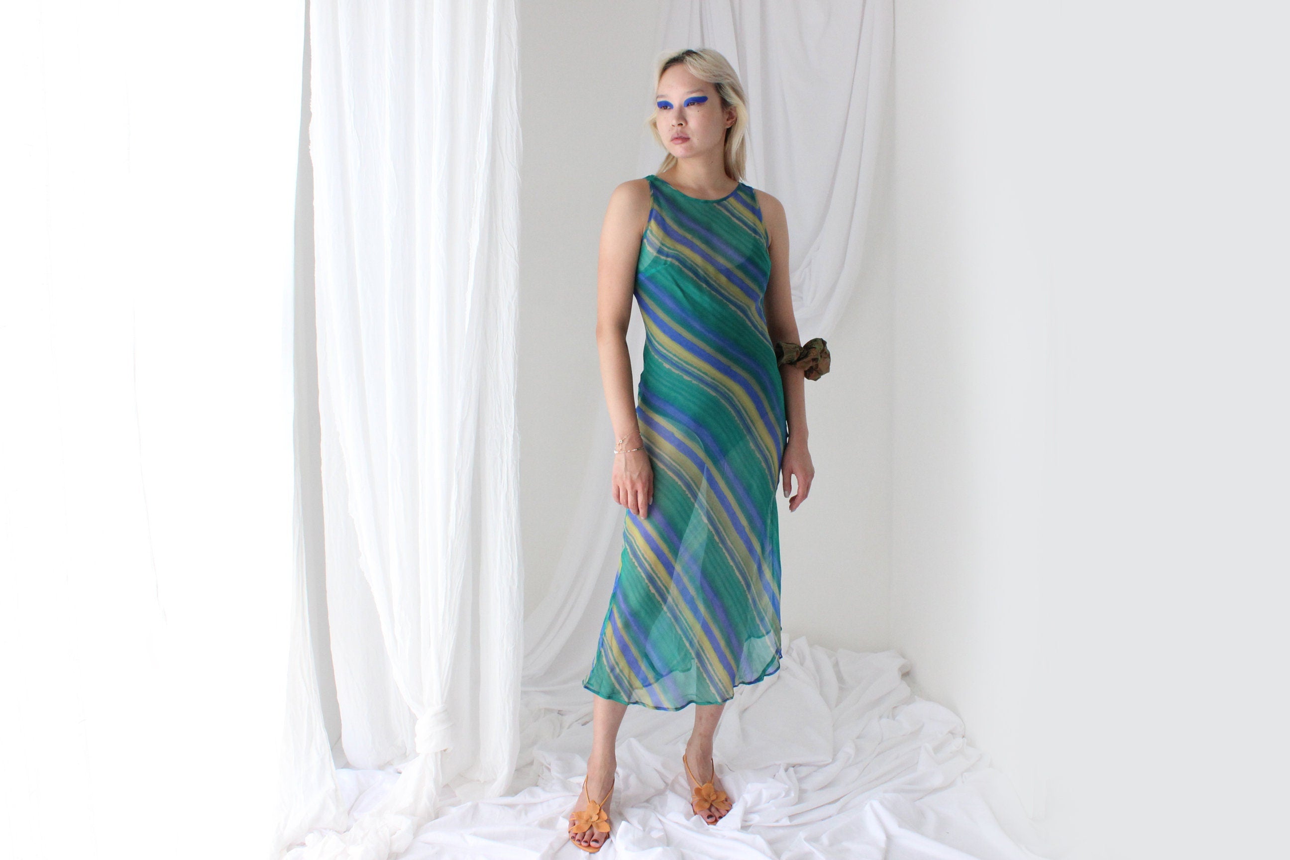 90s PURE SILK Stripe Print Bias Cut Dress