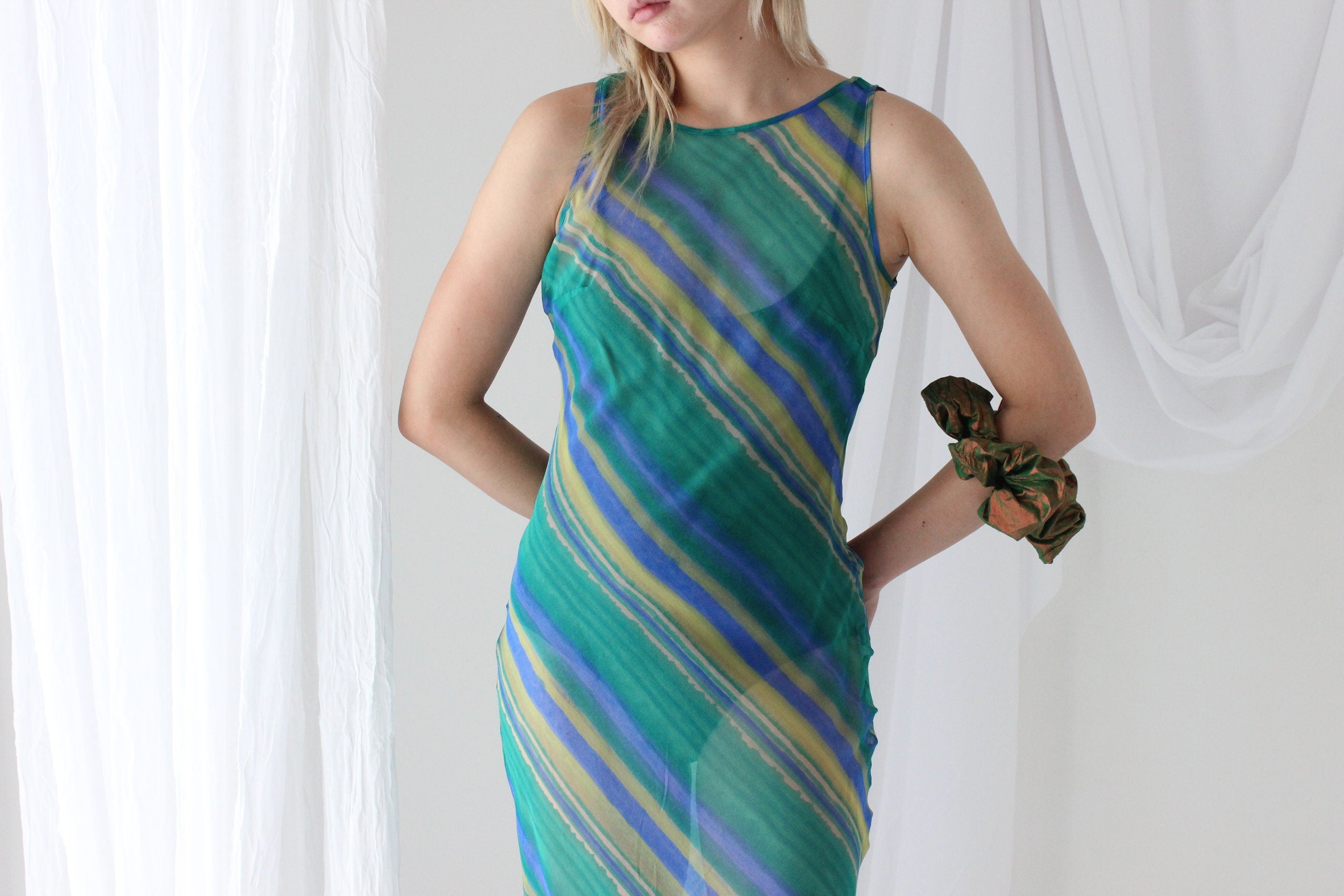 90s PURE SILK Stripe Print Bias Cut Dress