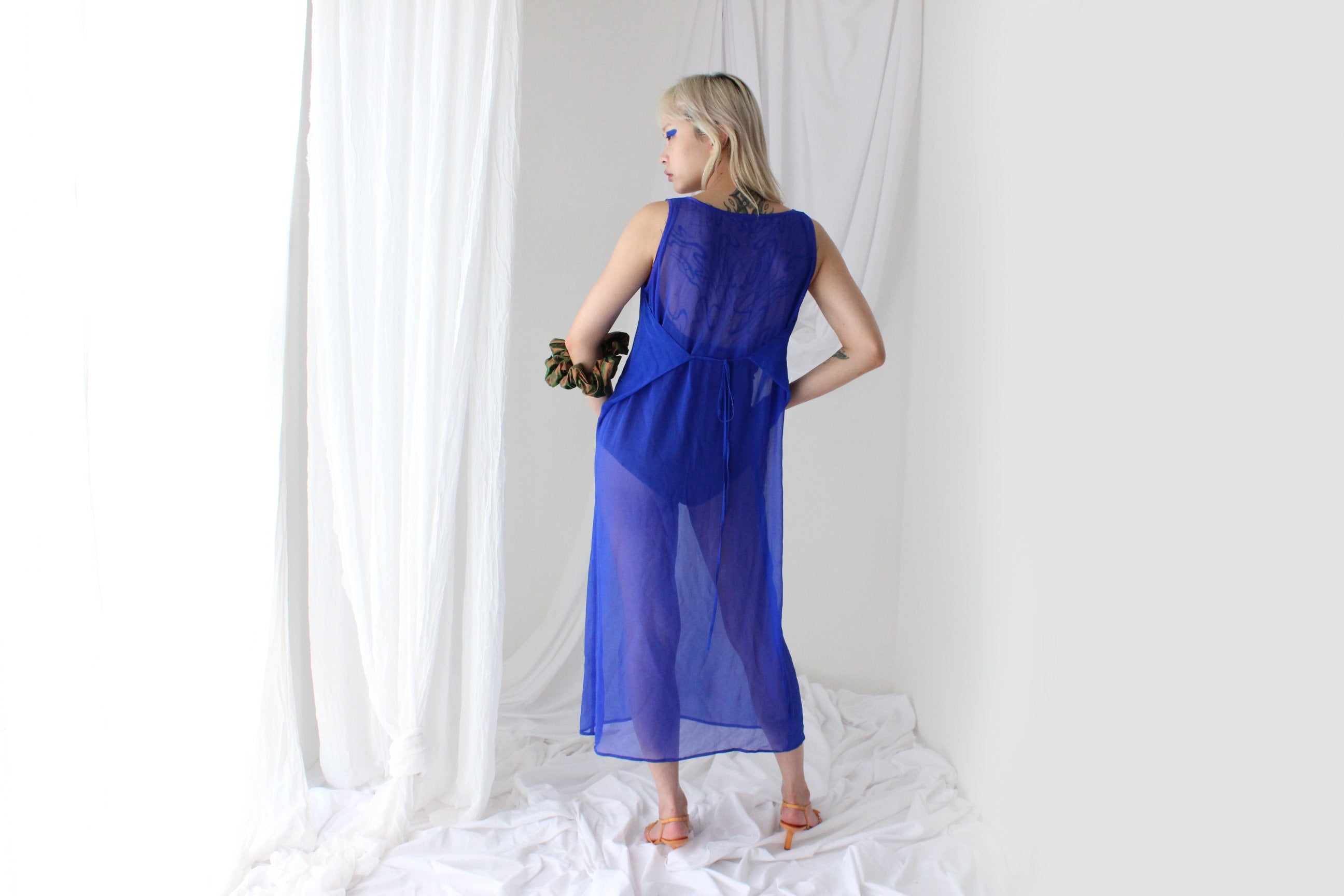 90s PURE SILK Sheer Yves Klein Cobalt Blue Sheath Dress