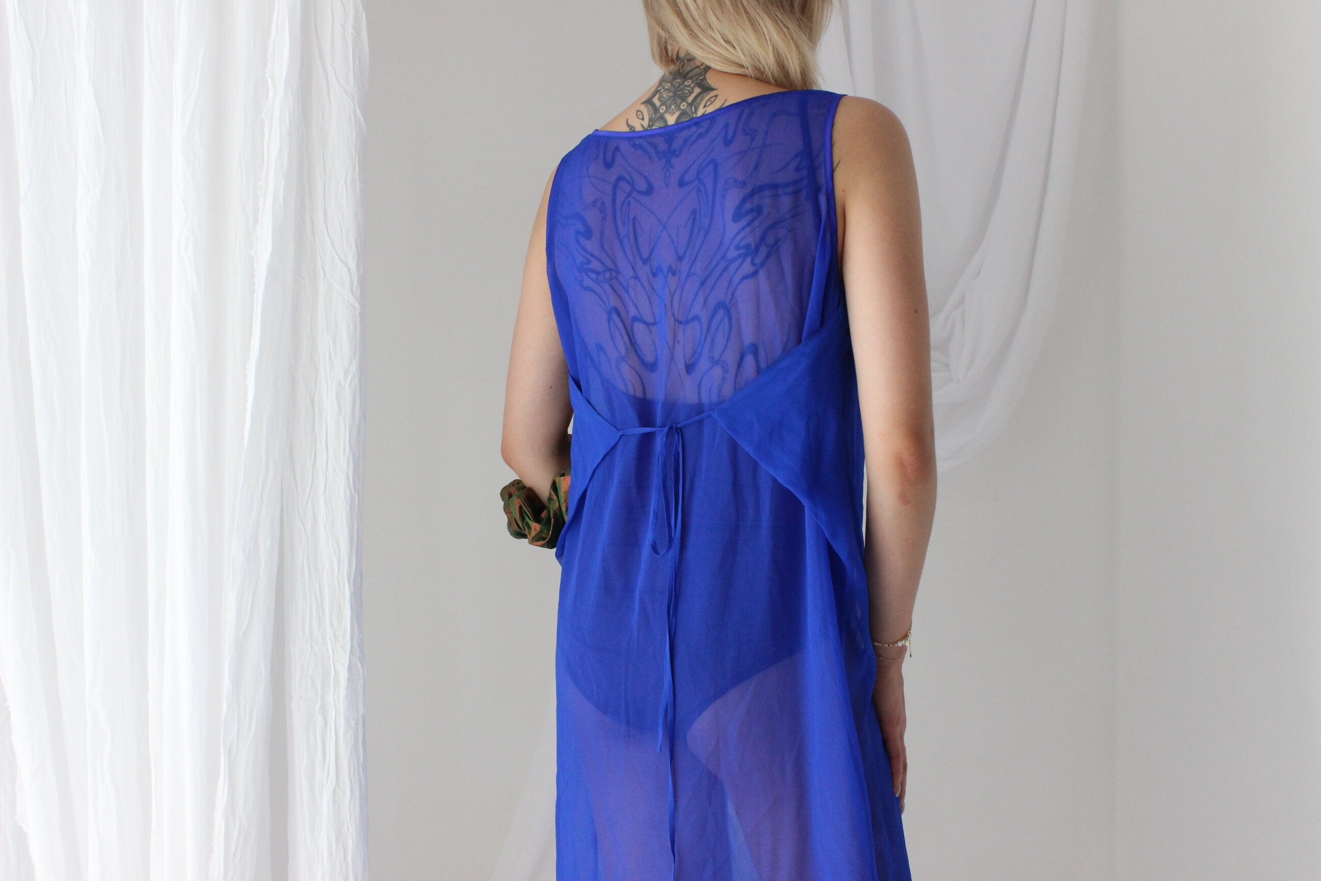 90s PURE SILK Sheer Yves Klein Cobalt Blue Sheath Dress
