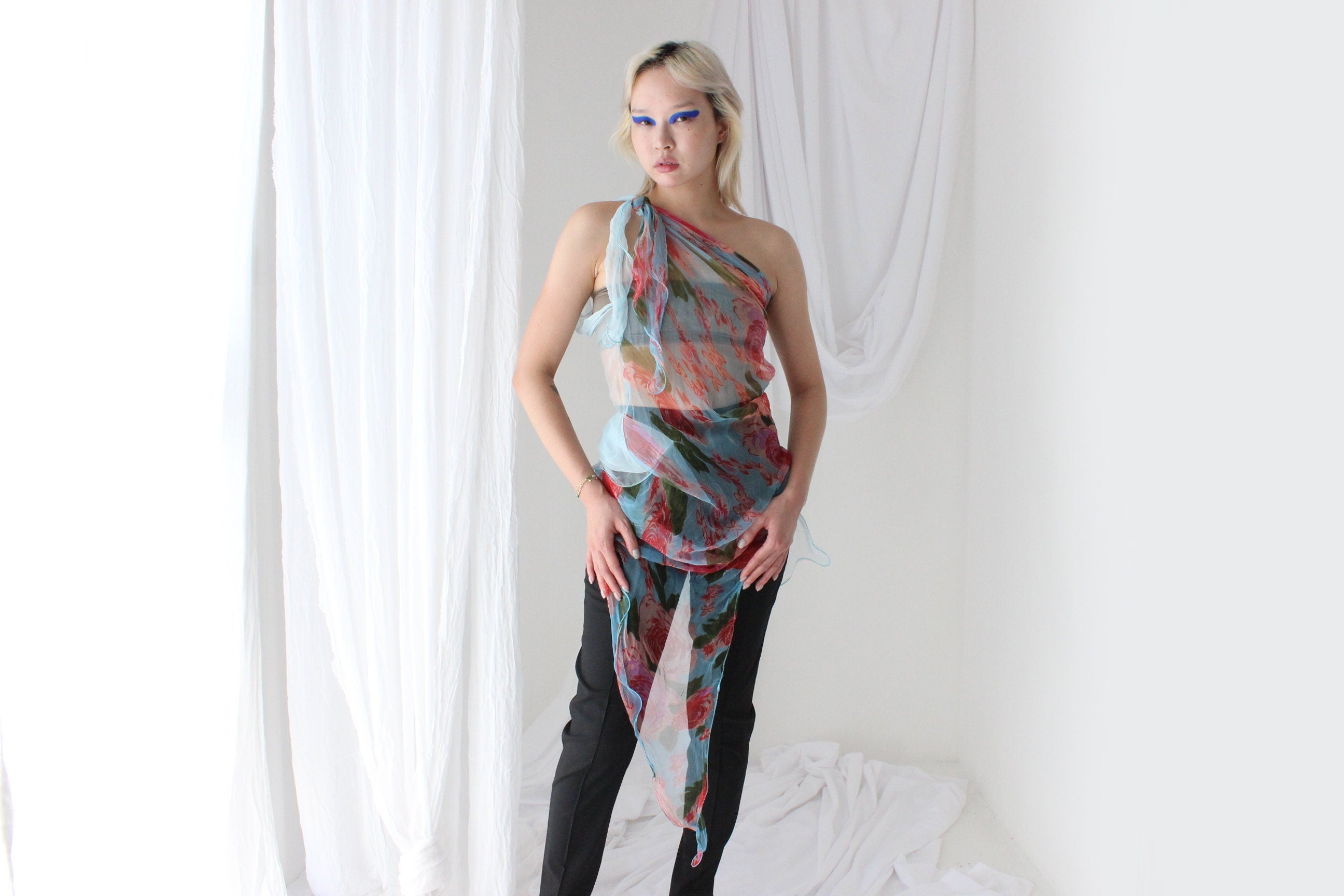 Y2K Pure Silk Chiffon Experimental Curly Hem Scarf Top