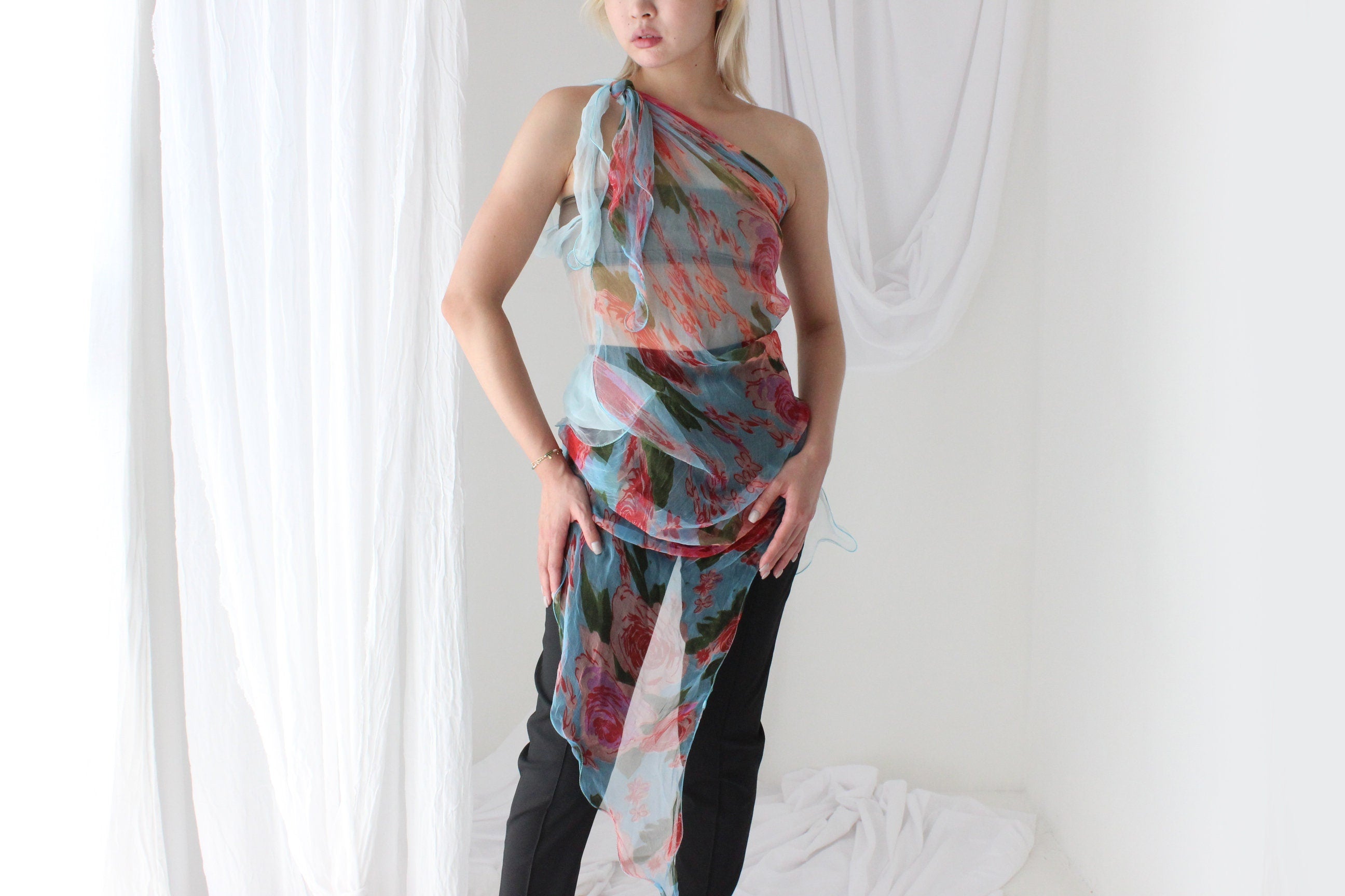 Y2K Pure Silk Chiffon Experimental Curly Hem Scarf Top