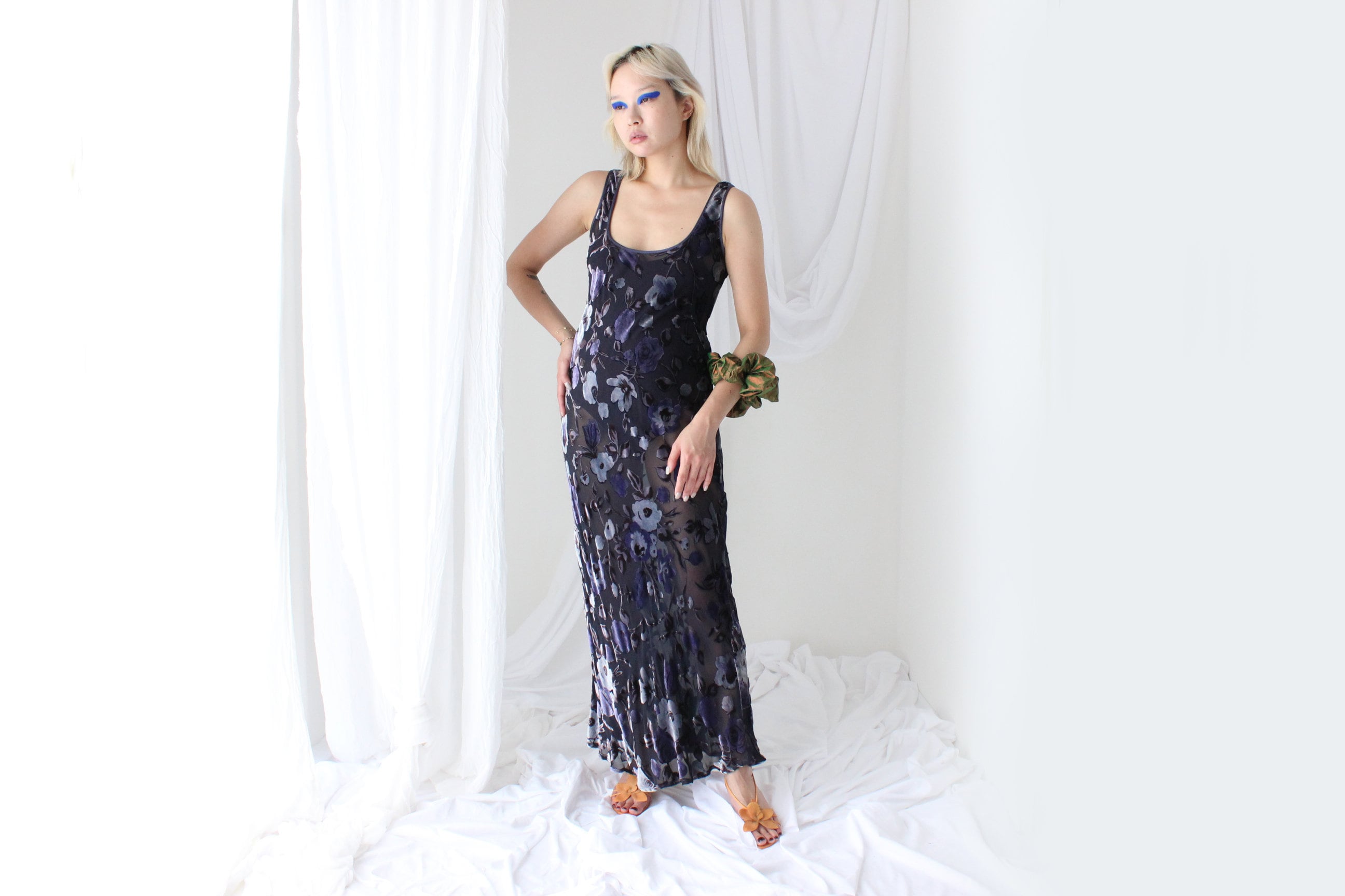 90s PURE SILK VELVET Floral Burnout Bias Cut Gown