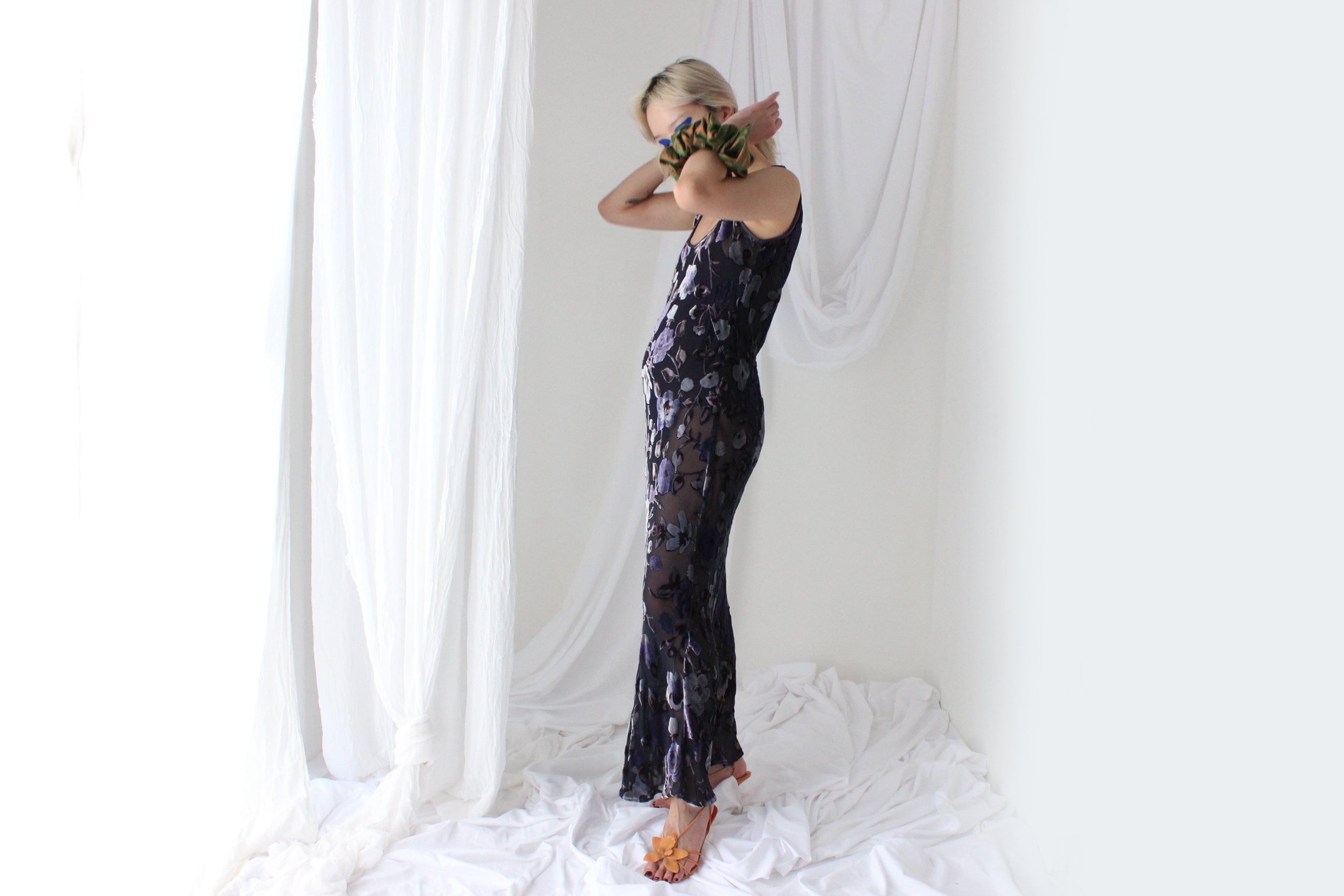 90s PURE SILK VELVET Floral Burnout Bias Cut Gown