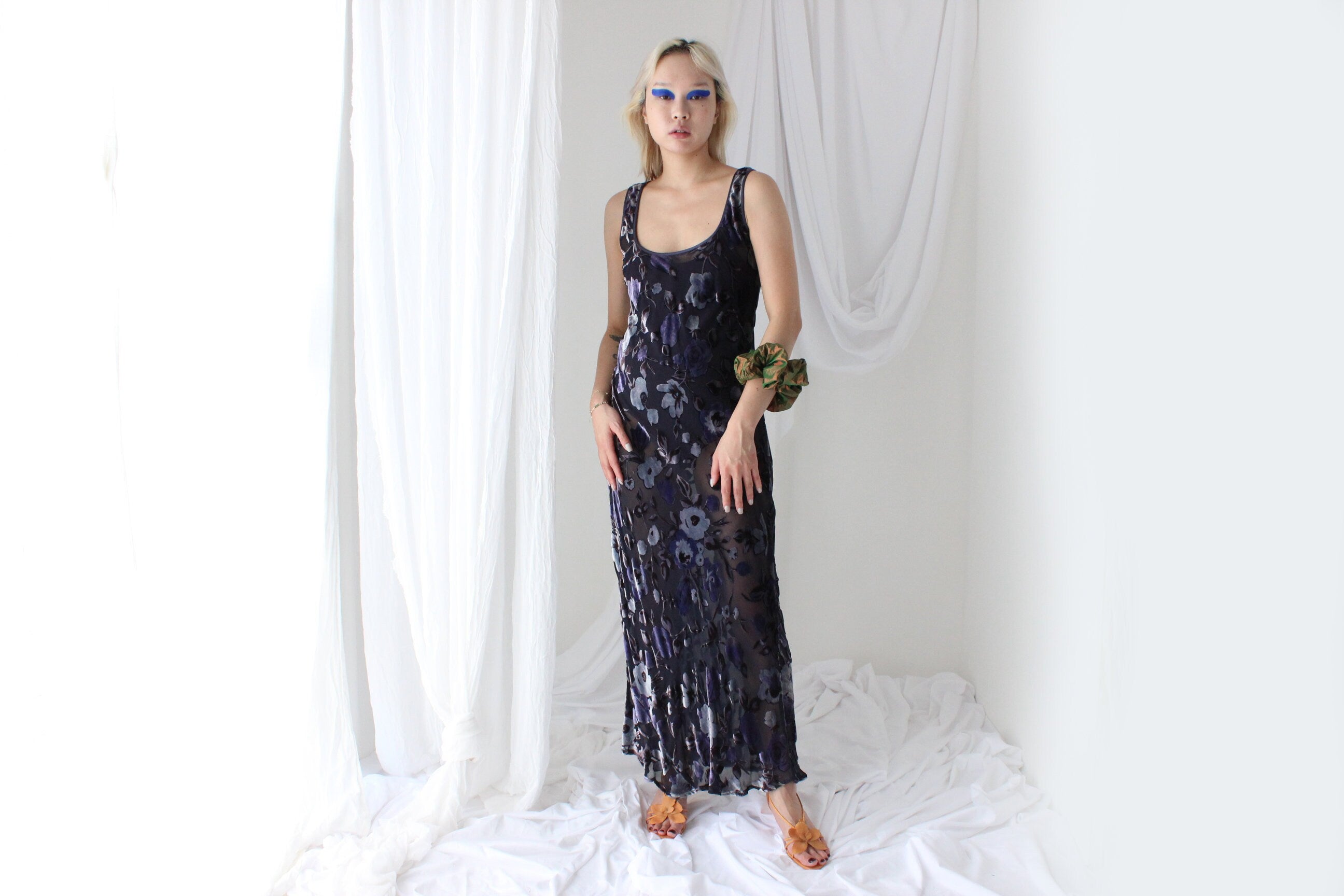 90s PURE SILK VELVET Floral Burnout Bias Cut Gown