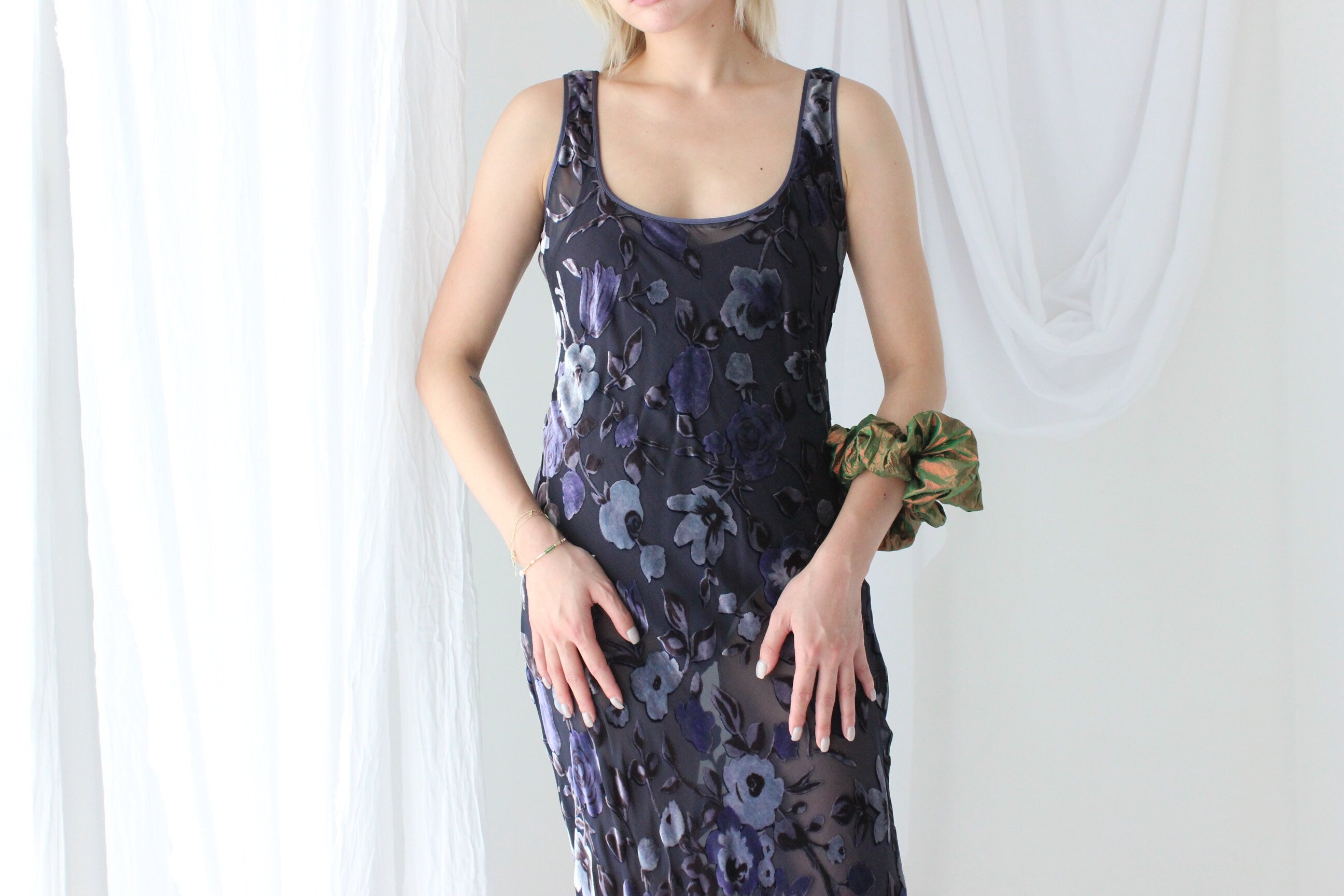 90s PURE SILK VELVET Floral Burnout Bias Cut Gown