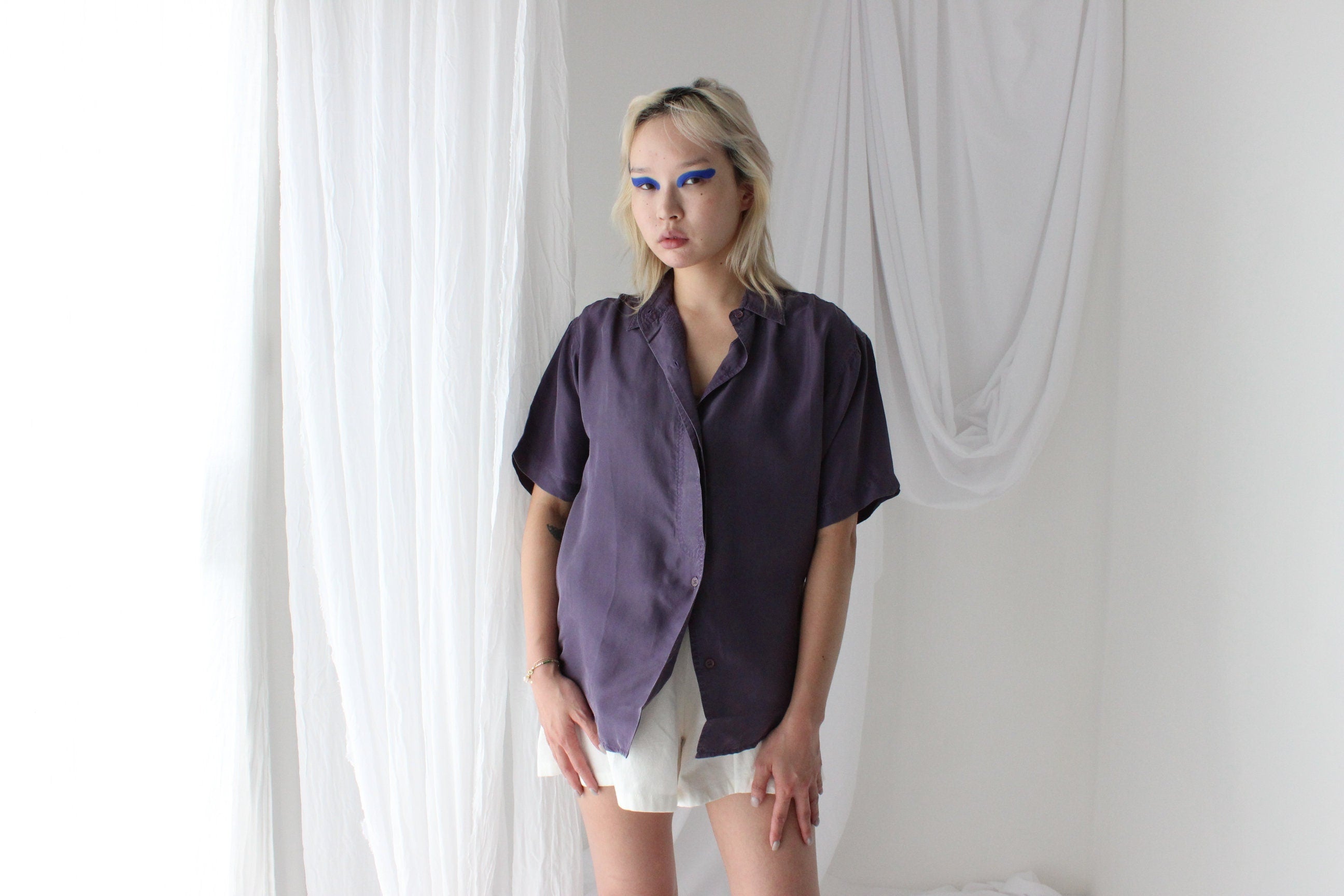 80s SANDWASHED SILK Boxy Purple Shirt