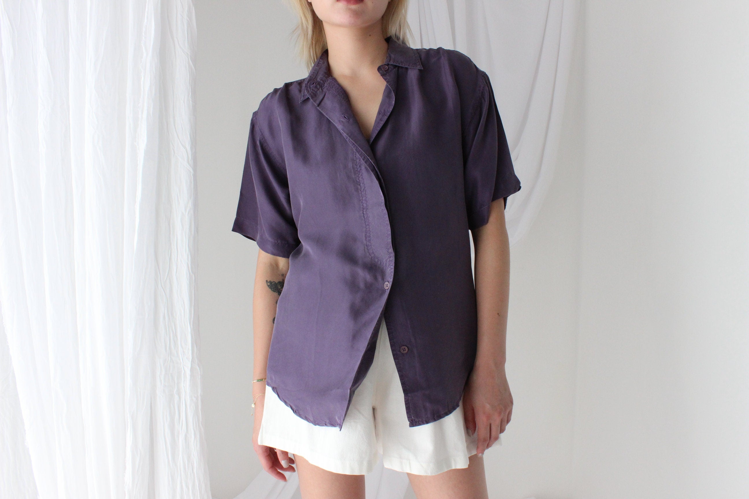 80s SANDWASHED SILK Boxy Purple Shirt