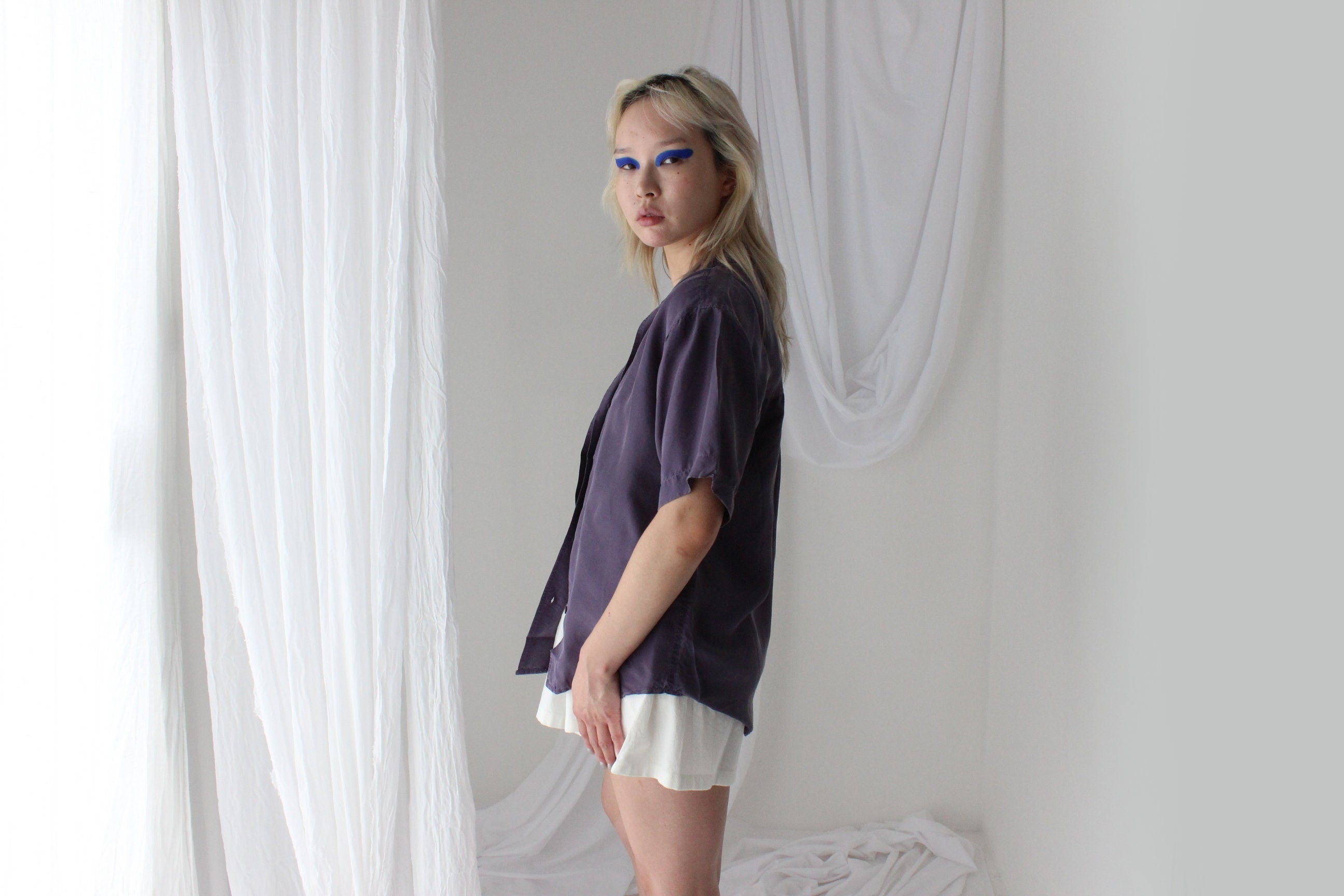 80s SANDWASHED SILK Boxy Purple Shirt