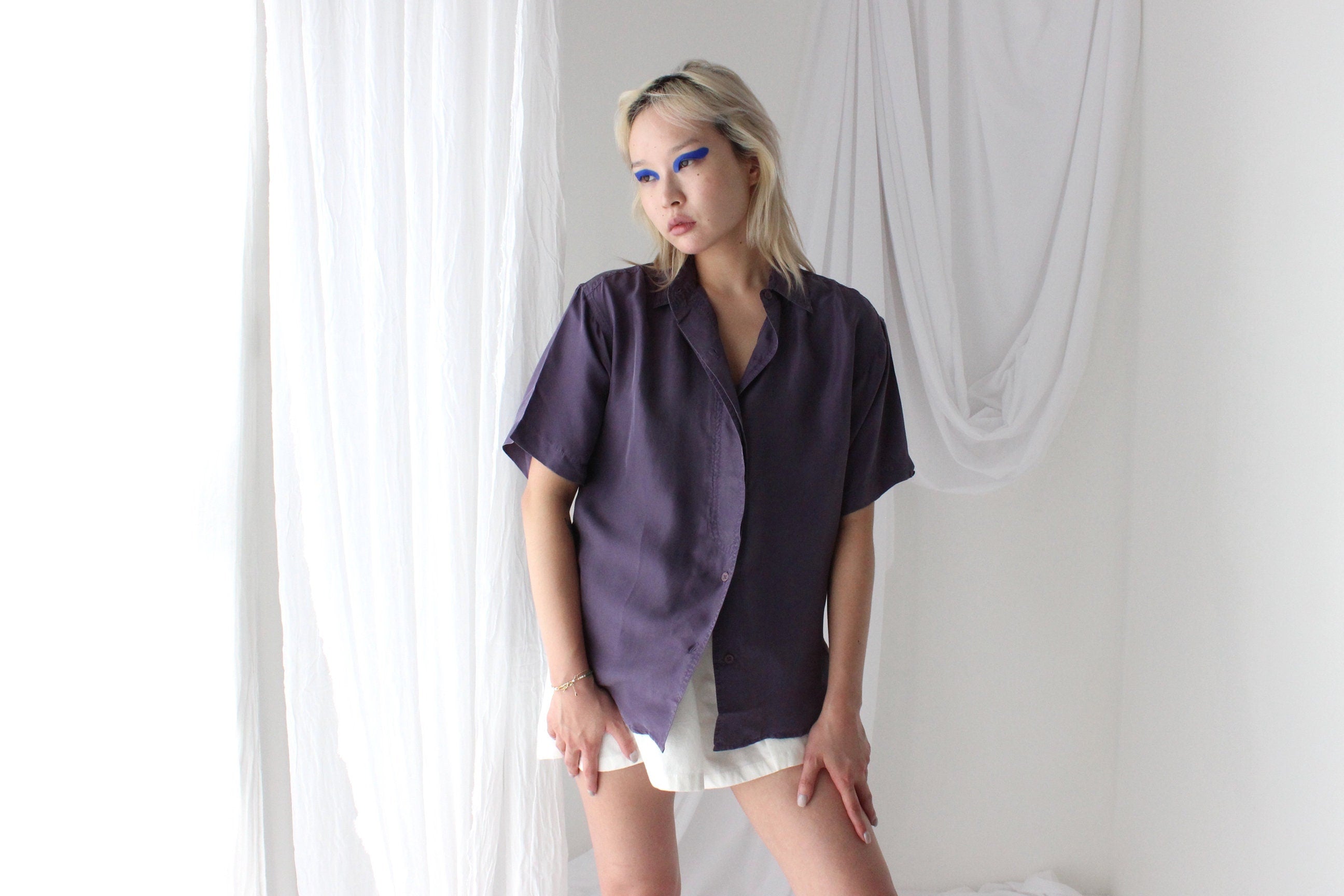 80s SANDWASHED SILK Boxy Purple Shirt