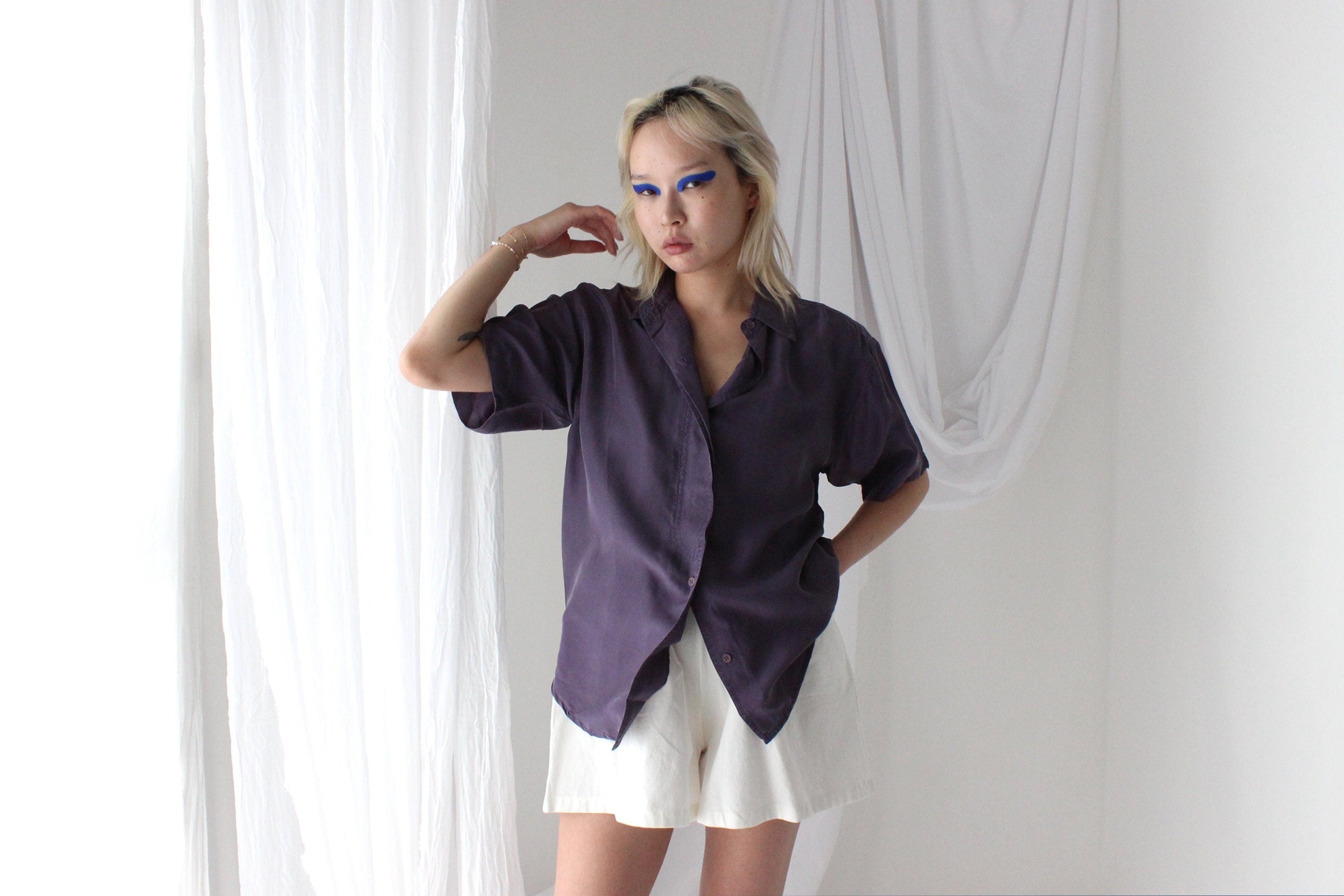80s SANDWASHED SILK Boxy Purple Shirt