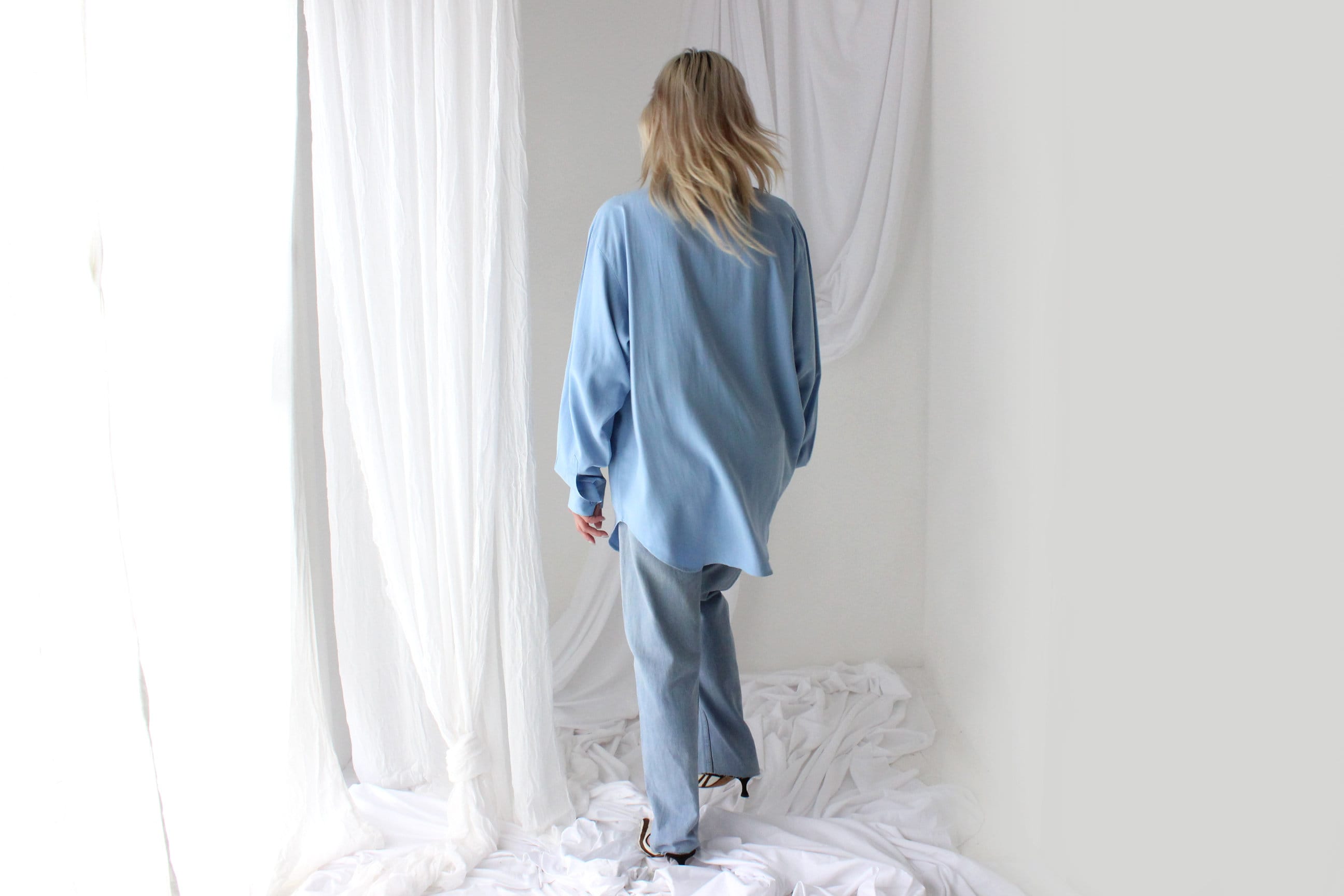 Heavenly 90s Pure Fuji Silk Sky Blue Oversized Shirt