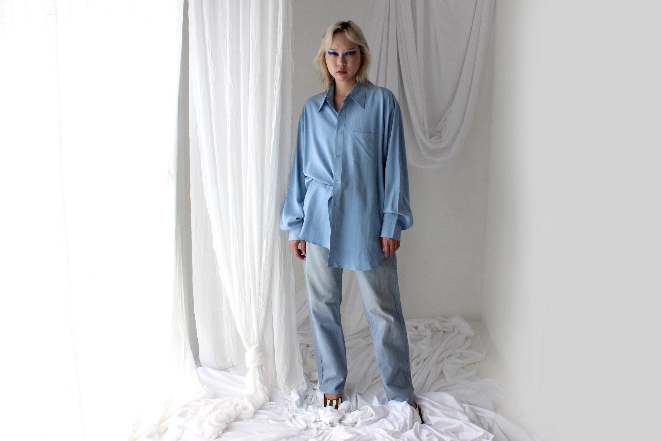 Heavenly 90s Pure Fuji Silk Sky Blue Oversized Shirt