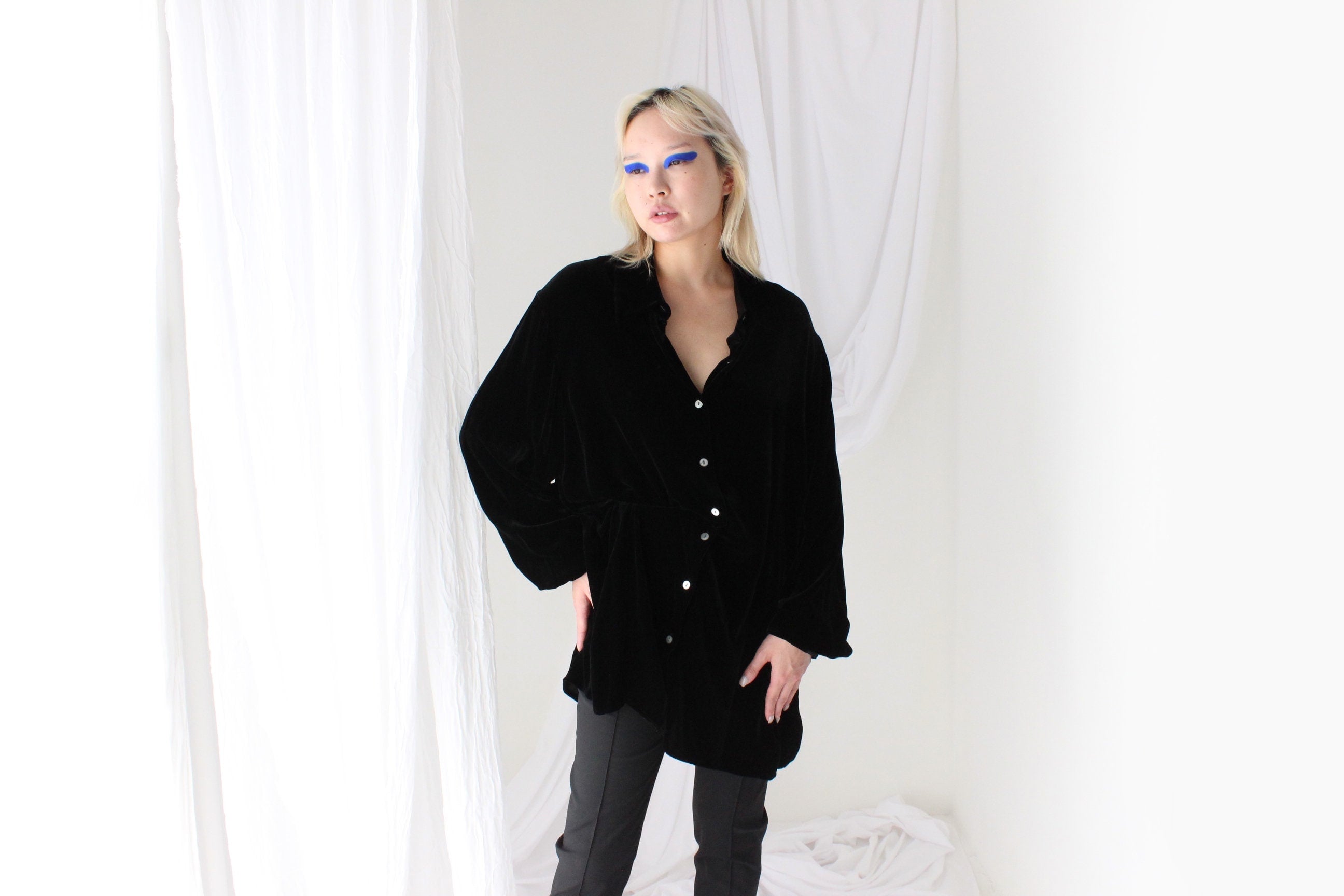 90s Blackest Black PURE SILK VELVET Oversized Shirt