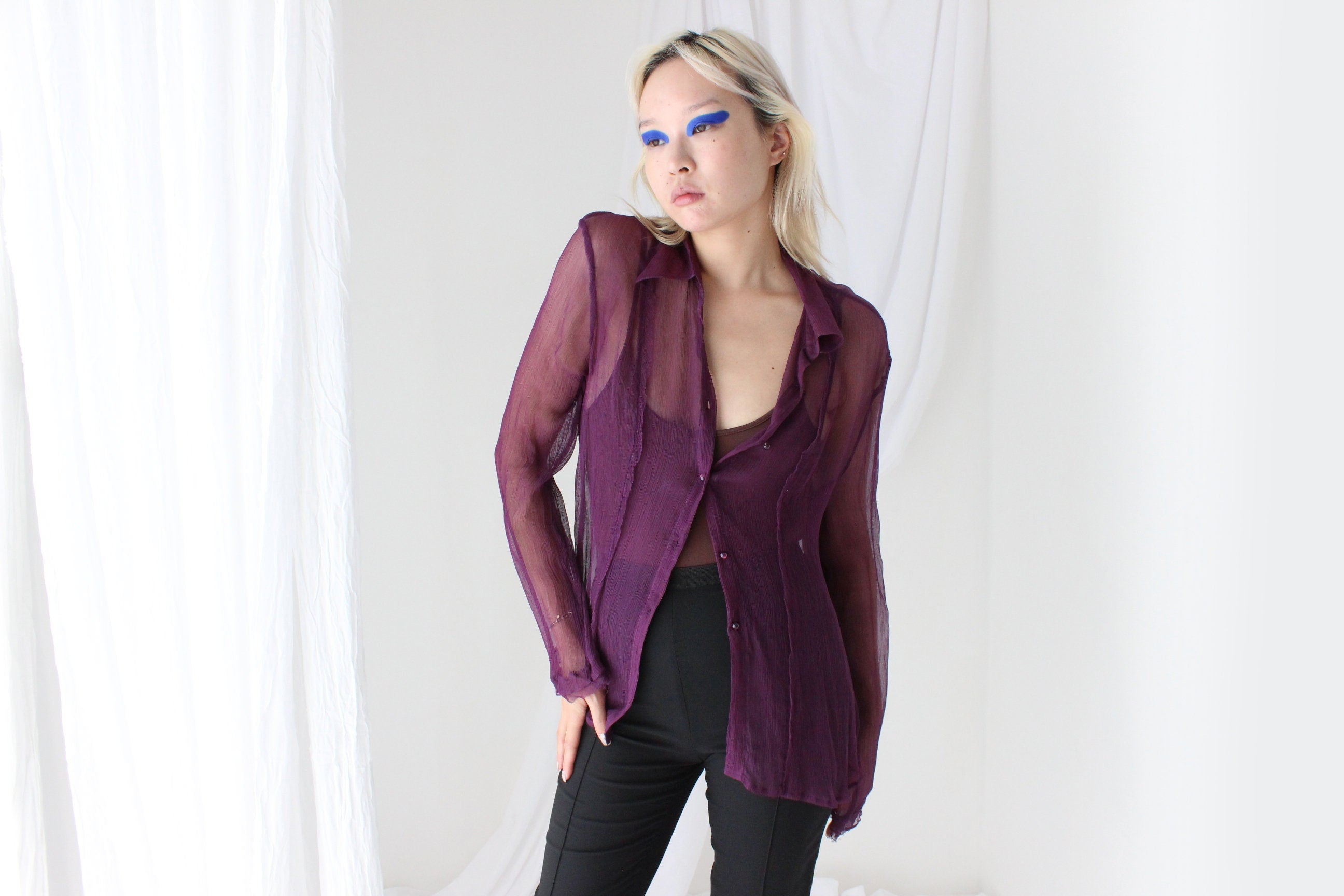 Sexy 90s Sheer Crinkle Silk Georgette Blouse