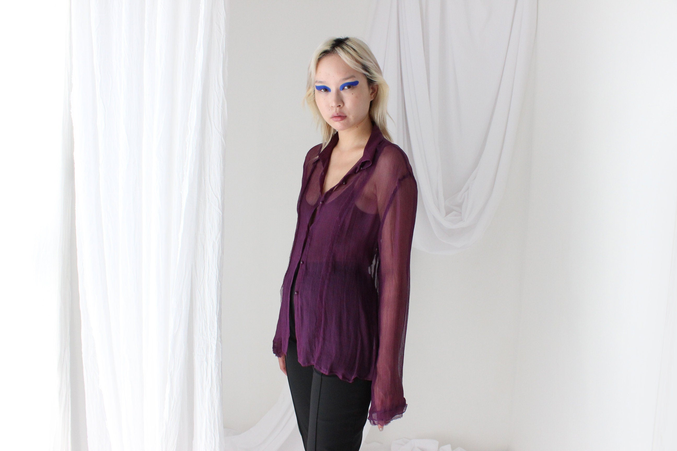 Sexy 90s Sheer Crinkle Silk Georgette Blouse