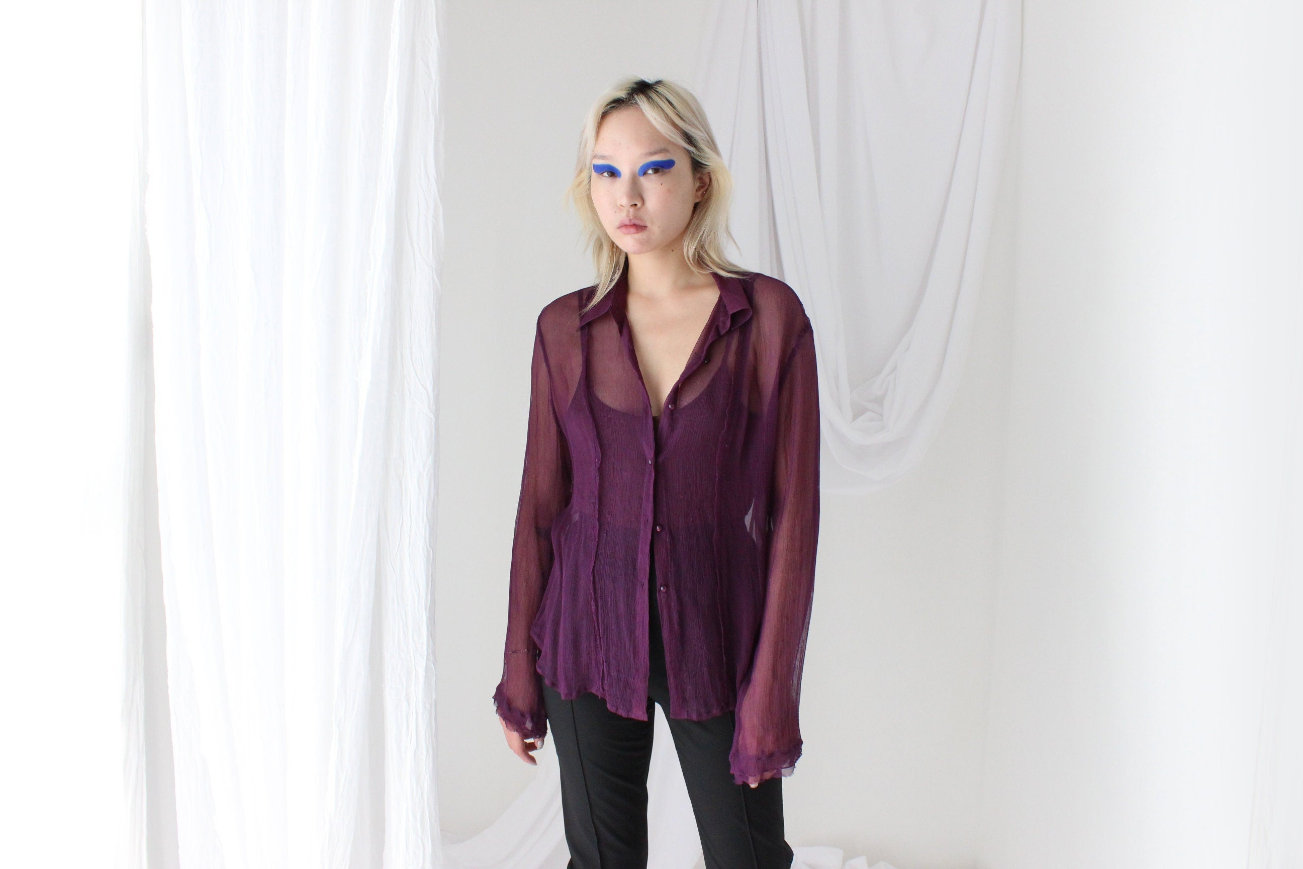 Sexy 90s Sheer Crinkle Silk Georgette Blouse