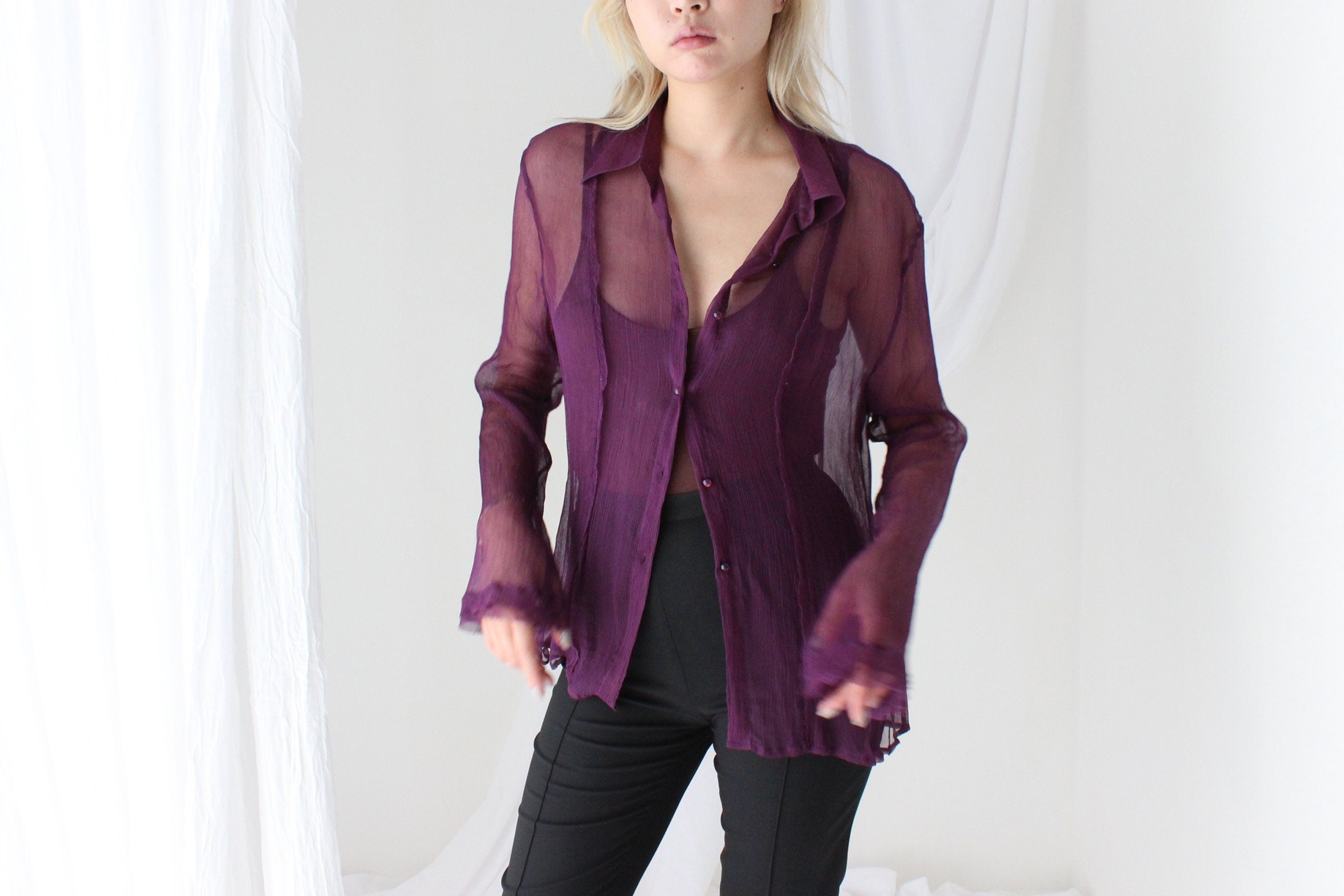 Sexy 90s Sheer Crinkle Silk Georgette Blouse
