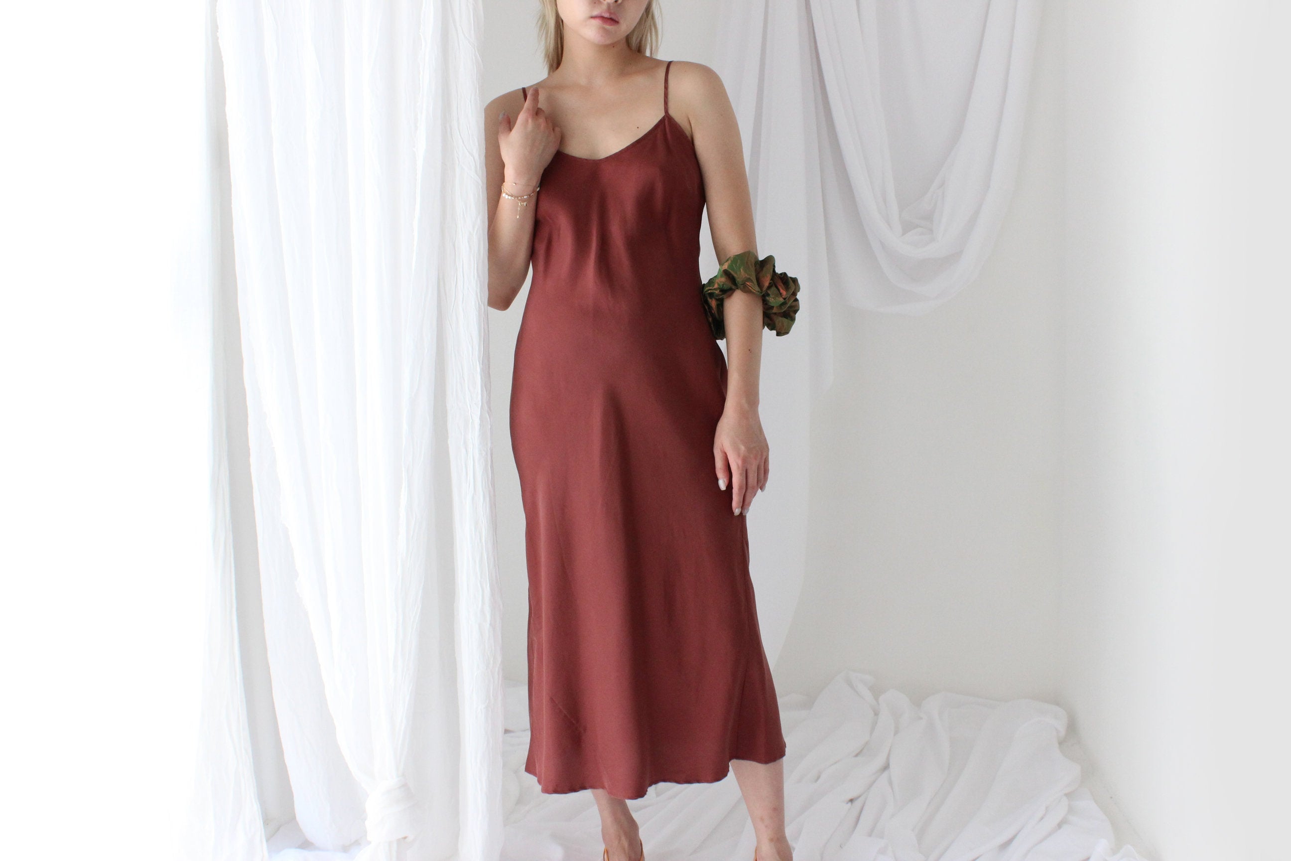 90s Pure Silk Bias Cut Slip Dress in Mocha