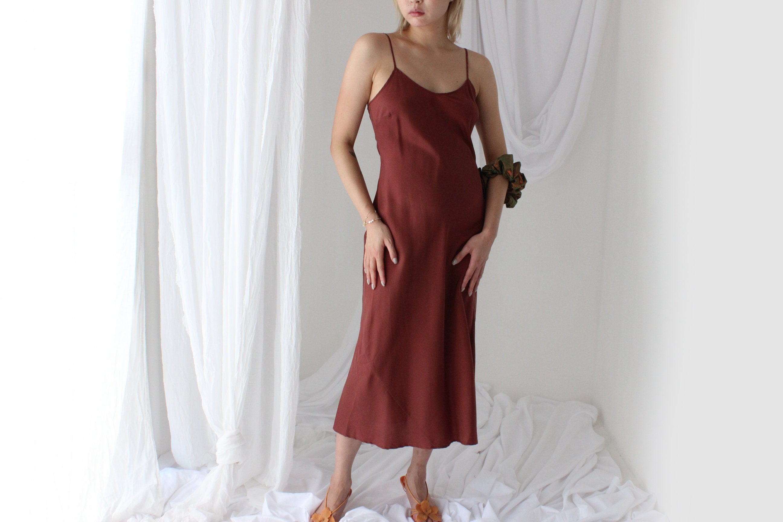 90s Pure Silk Bias Cut Slip Dress in Mocha