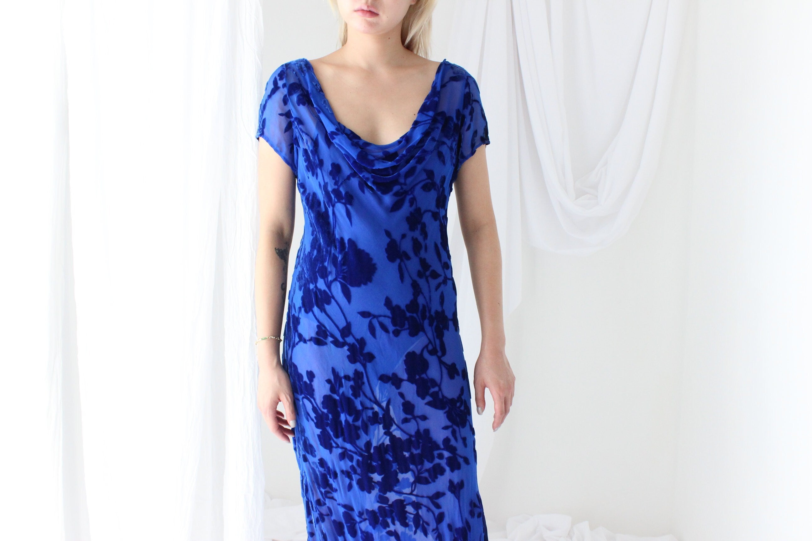 90s PURE SILK VELVET Cobalt Blue Floral Burnout Bias Cut Gown