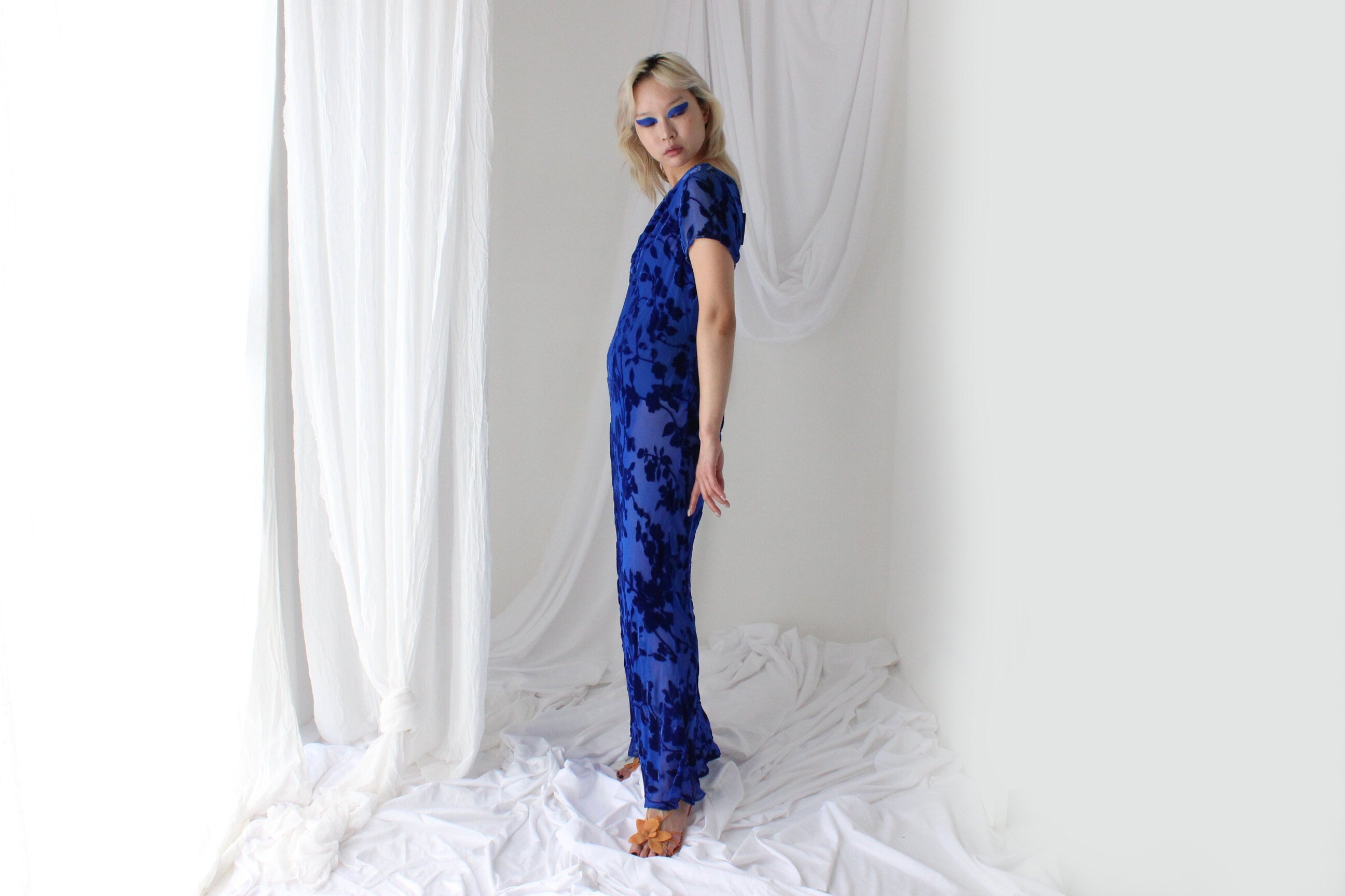 90s PURE SILK VELVET Cobalt Blue Floral Burnout Bias Cut Gown