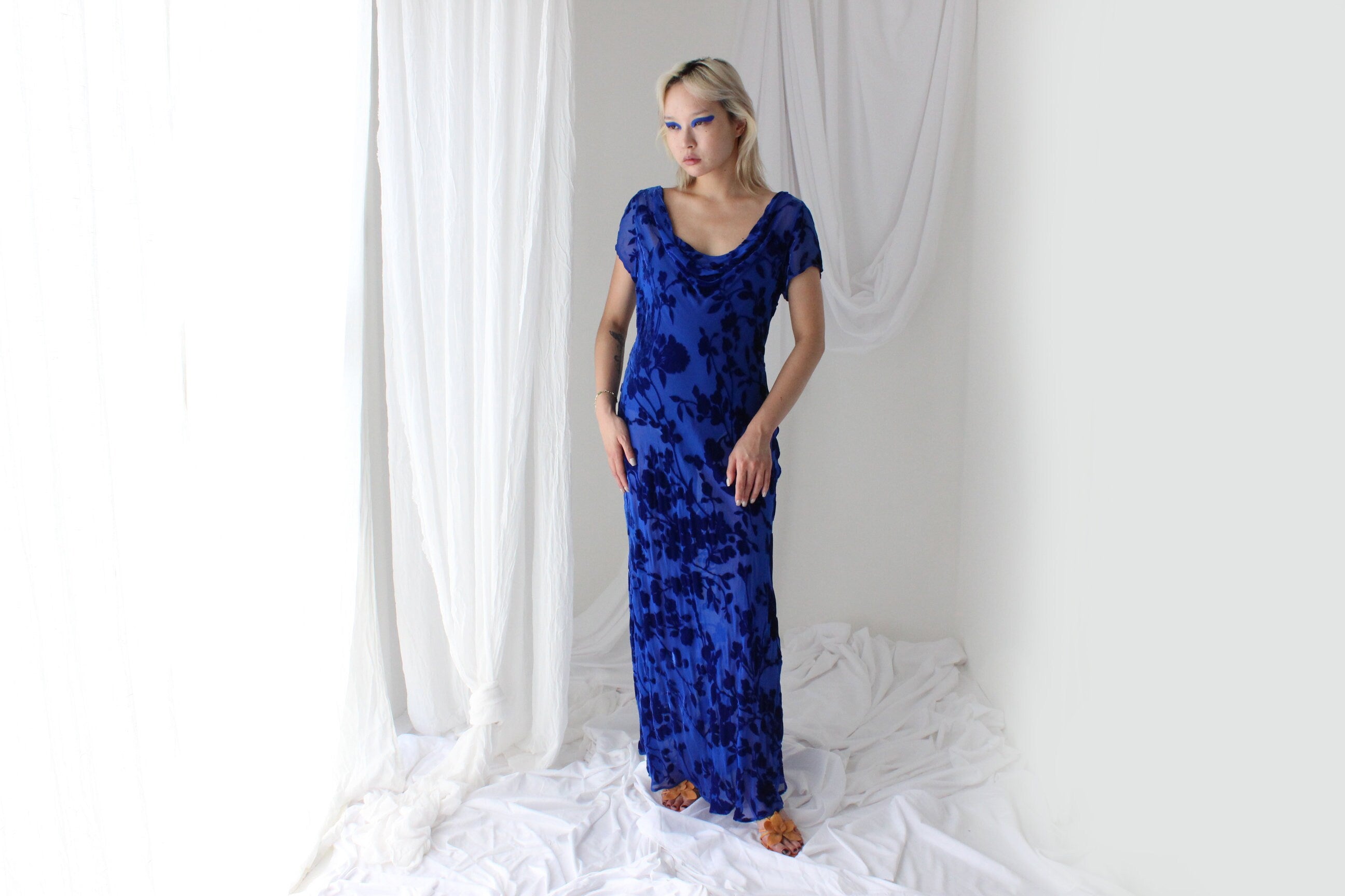 90s PURE SILK VELVET Cobalt Blue Floral Burnout Bias Cut Gown