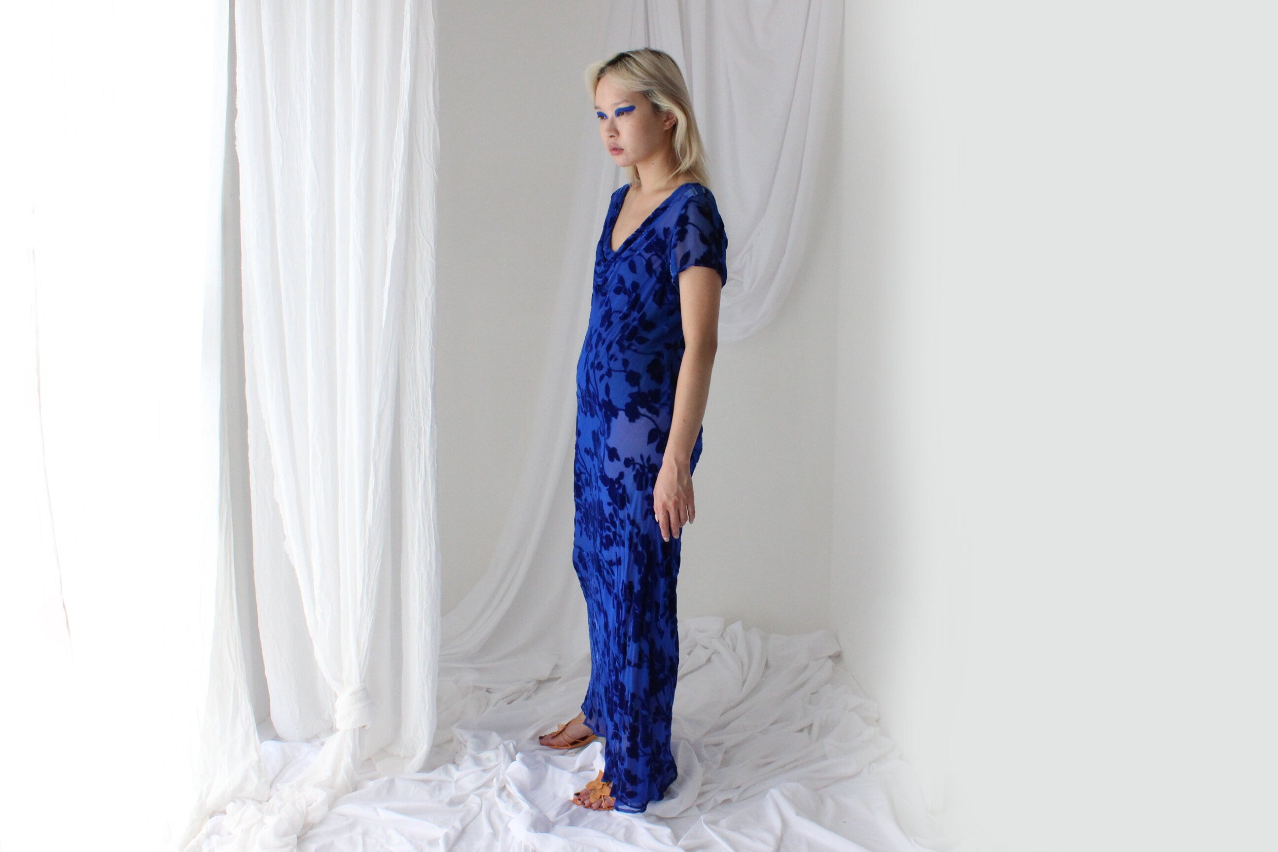 90s PURE SILK VELVET Cobalt Blue Floral Burnout Bias Cut Gown