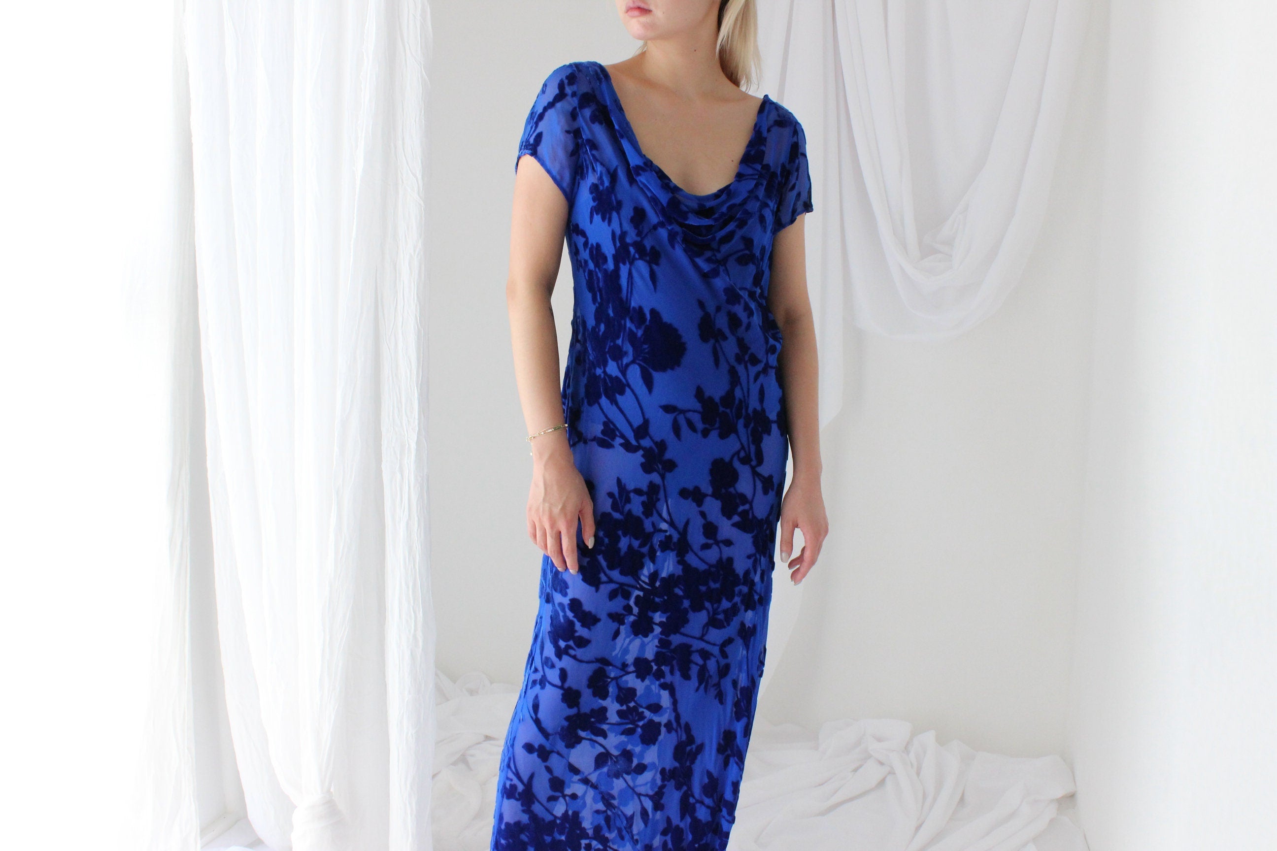 90s PURE SILK VELVET Cobalt Blue Floral Burnout Bias Cut Gown