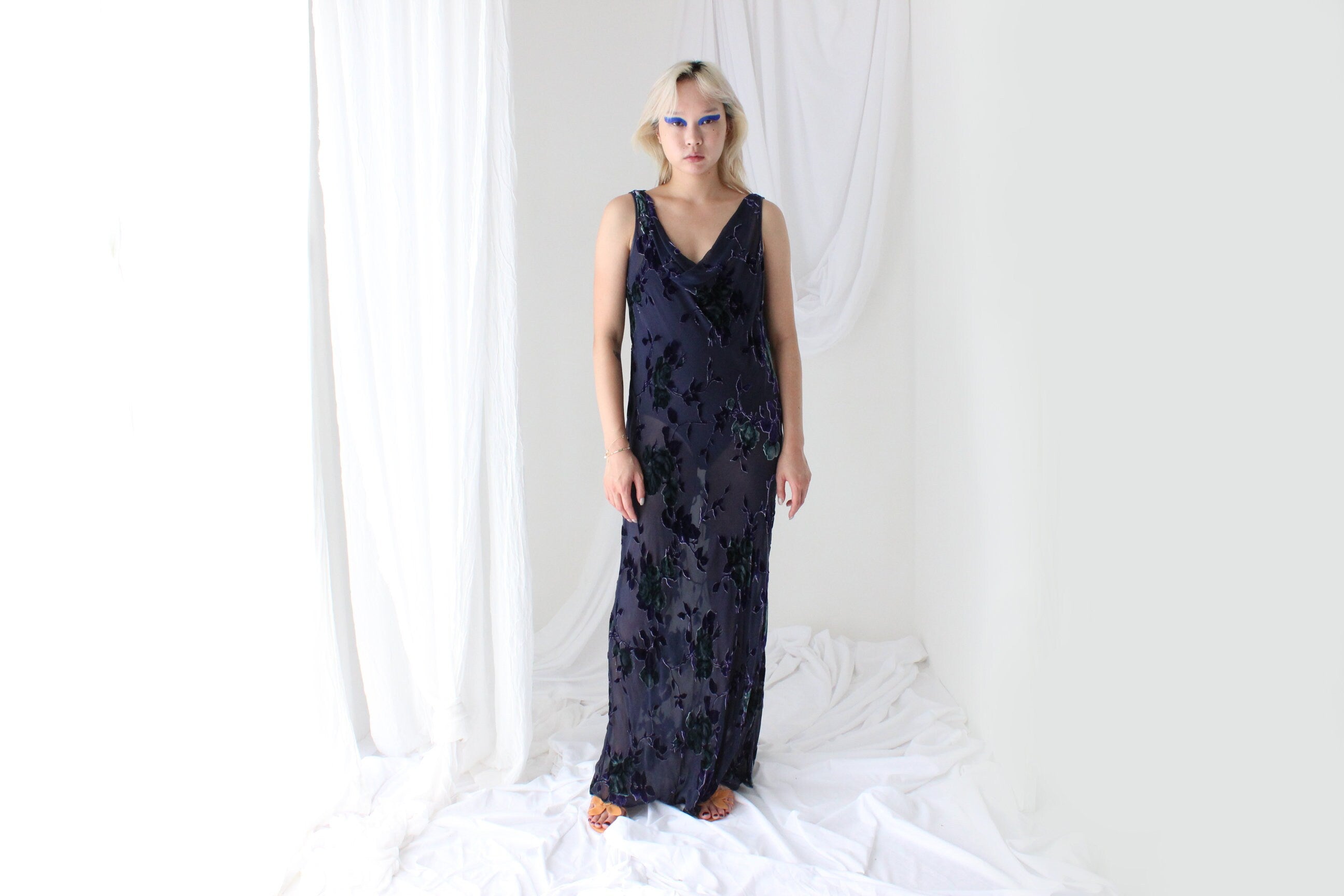 90s PURE SILK VELVET Floral Burnout Bias Cut Cowl Neck Gown
