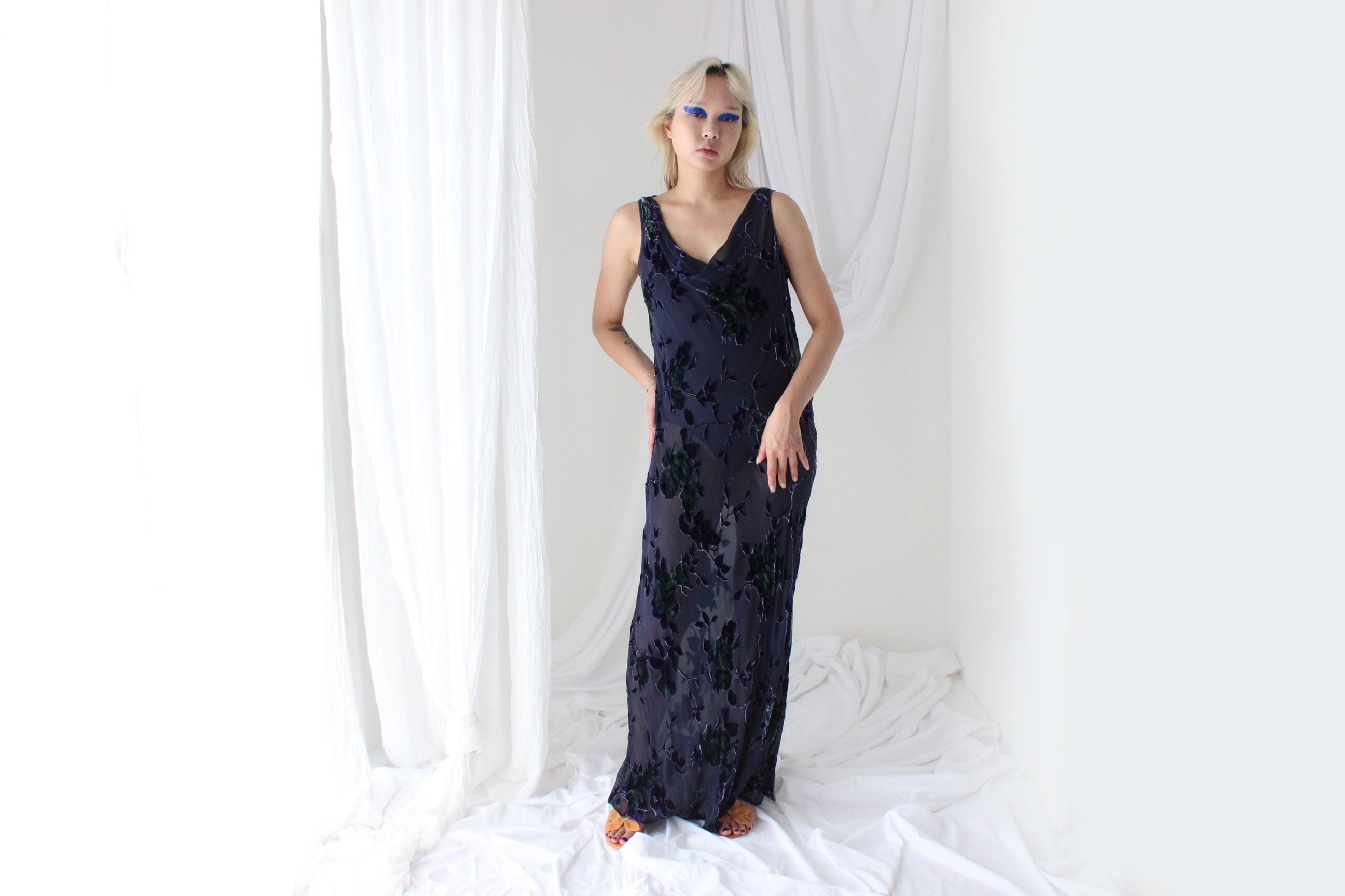 90s PURE SILK VELVET Floral Burnout Bias Cut Cowl Neck Gown