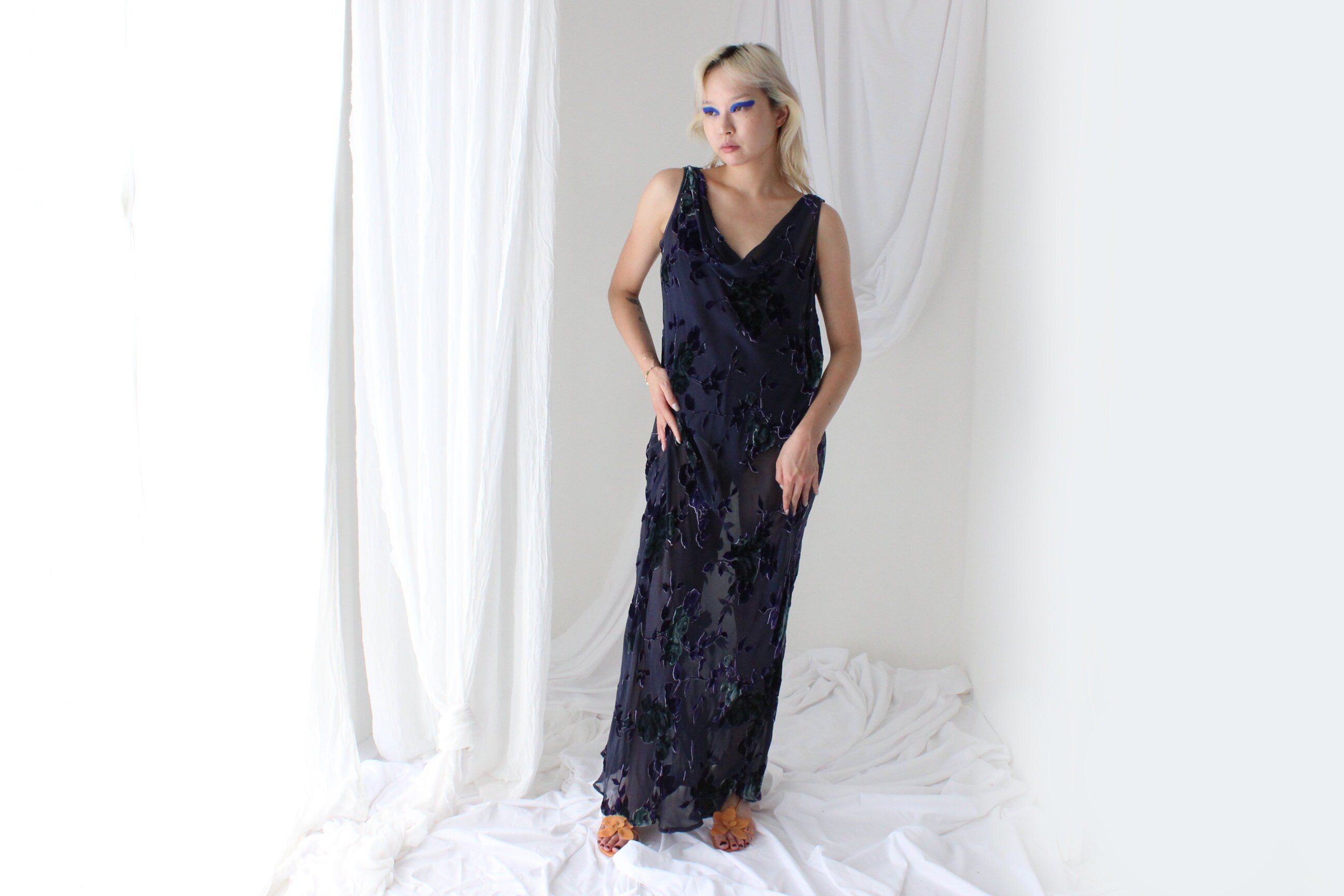 90s PURE SILK VELVET Floral Burnout Bias Cut Cowl Neck Gown