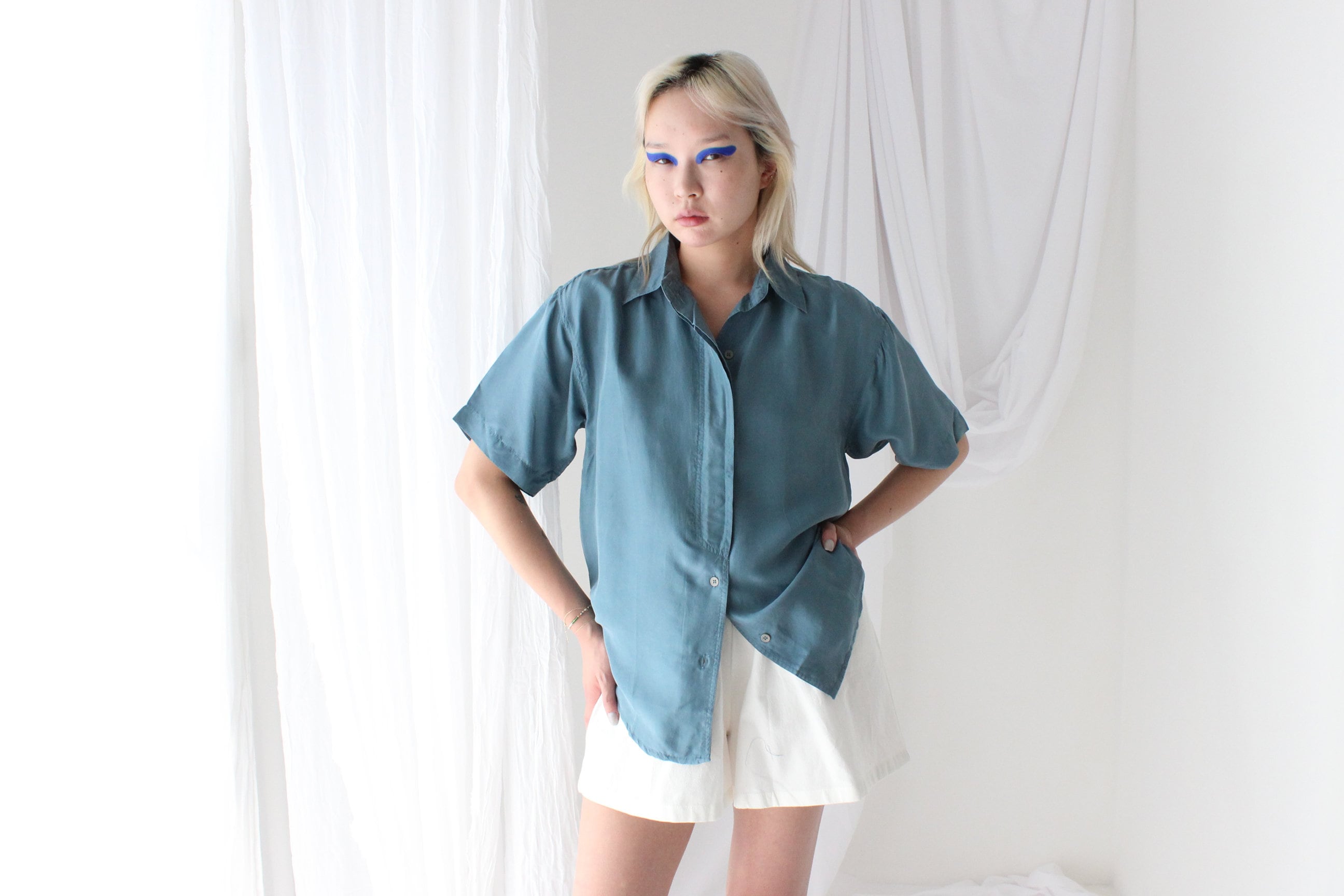 80s SANDWASHED SILK Boxy Teal Shirt