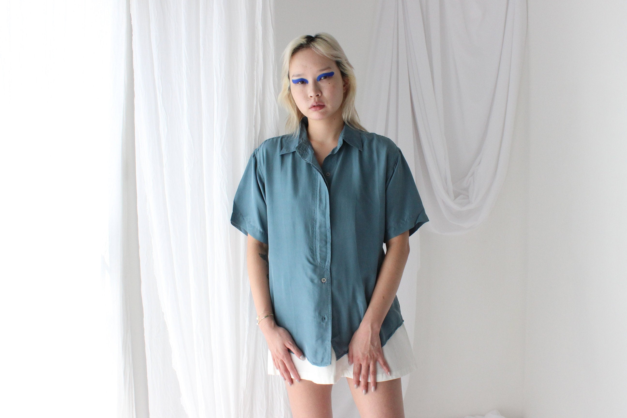 80s SANDWASHED SILK Boxy Teal Shirt