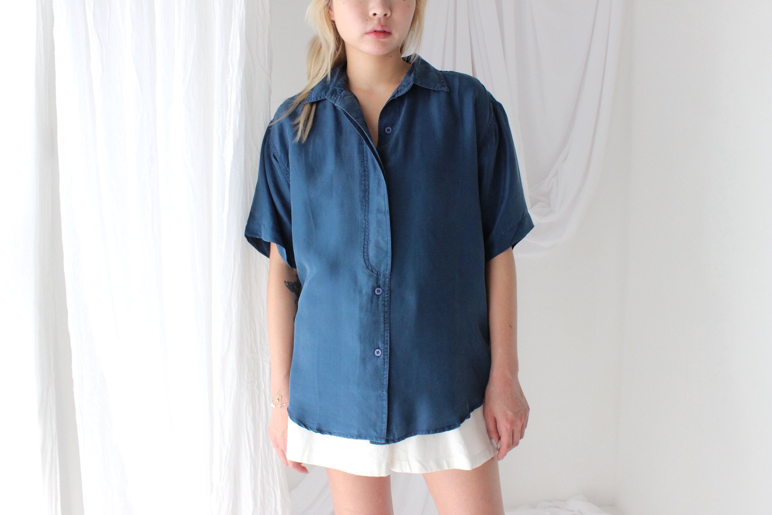 80s SANDWASHED SILK Deep Blue Boxy Shirt