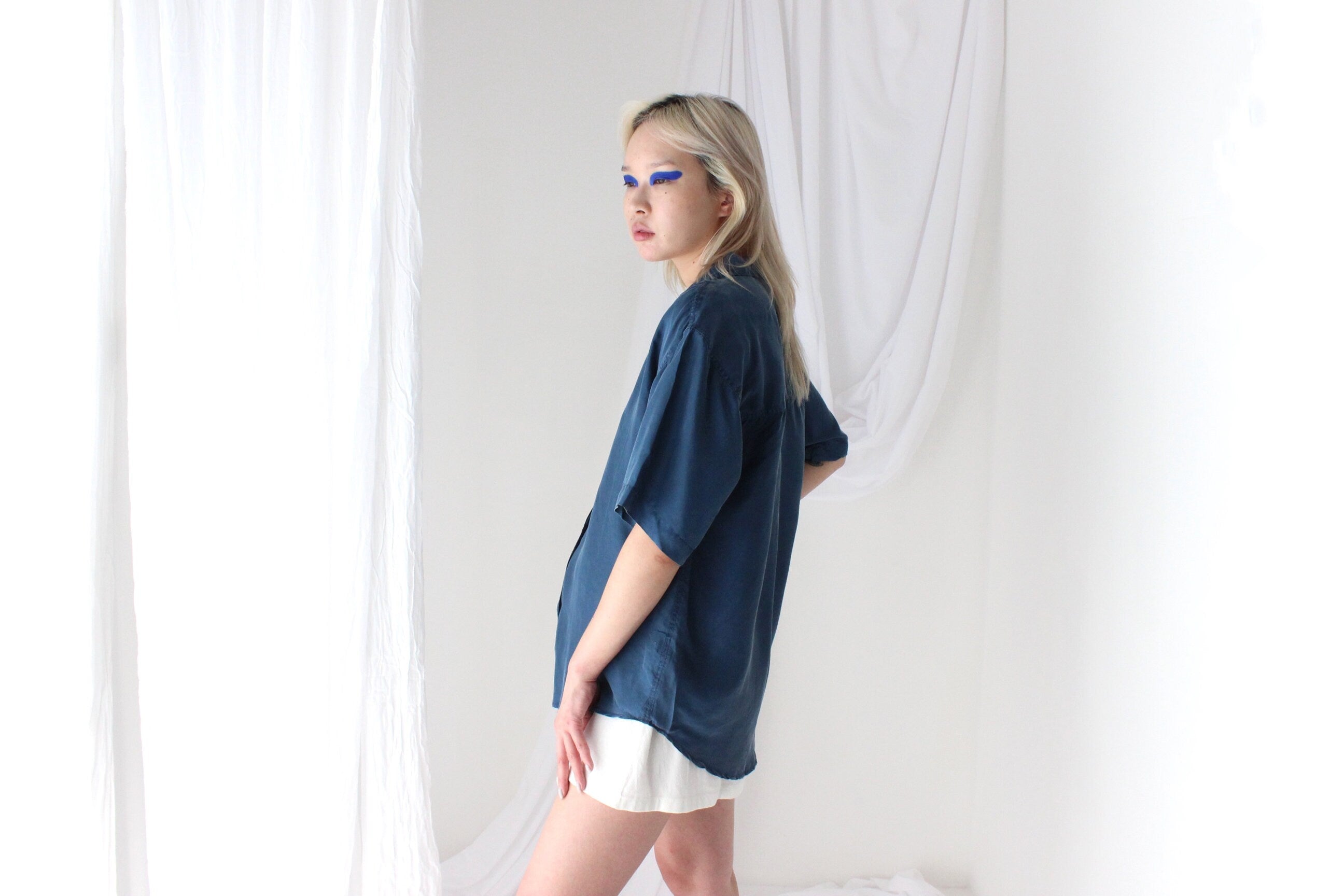 80s SANDWASHED SILK Deep Blue Boxy Shirt