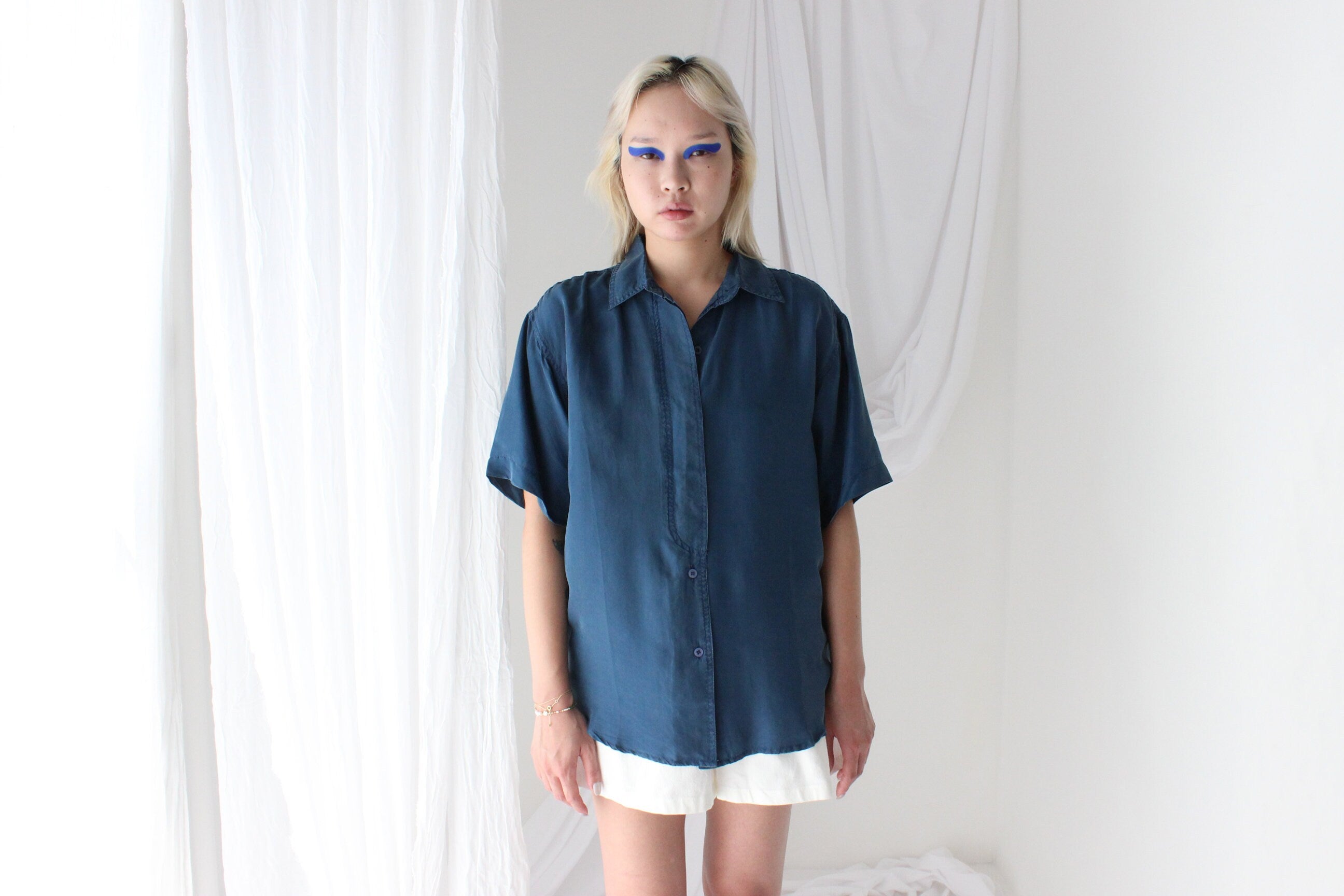 80s SANDWASHED SILK Deep Blue Boxy Shirt