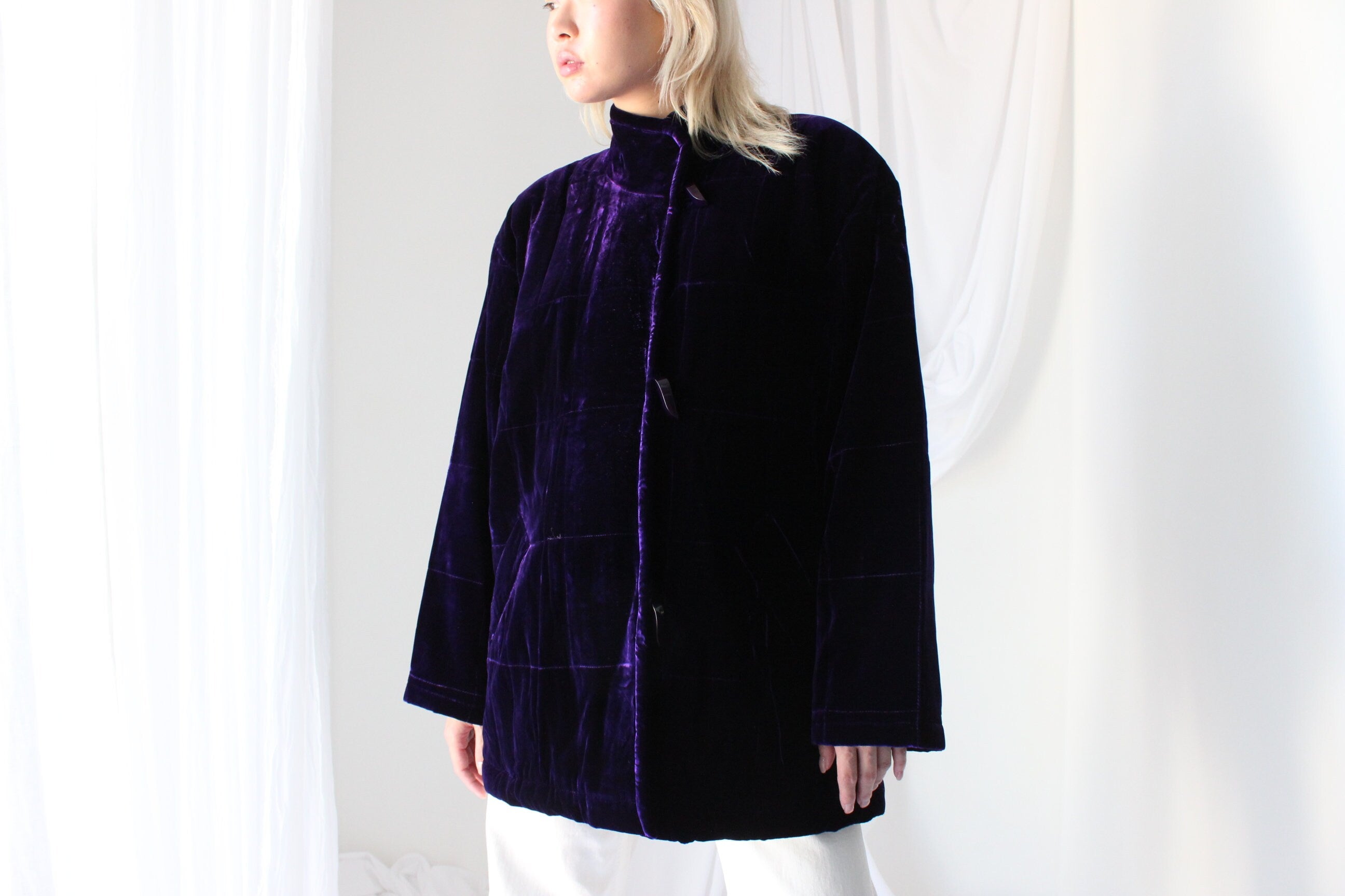 80s PURE SILK VELVET Luxury Quilted Puffer Jacket in Royal Purple