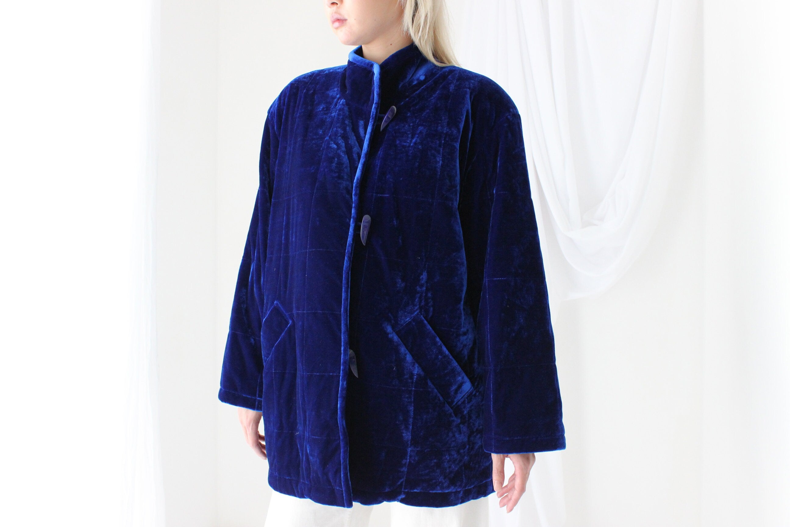 80s QUILTED VELVET Luxury Puffer Bomber Jacket in Cobalt Blue