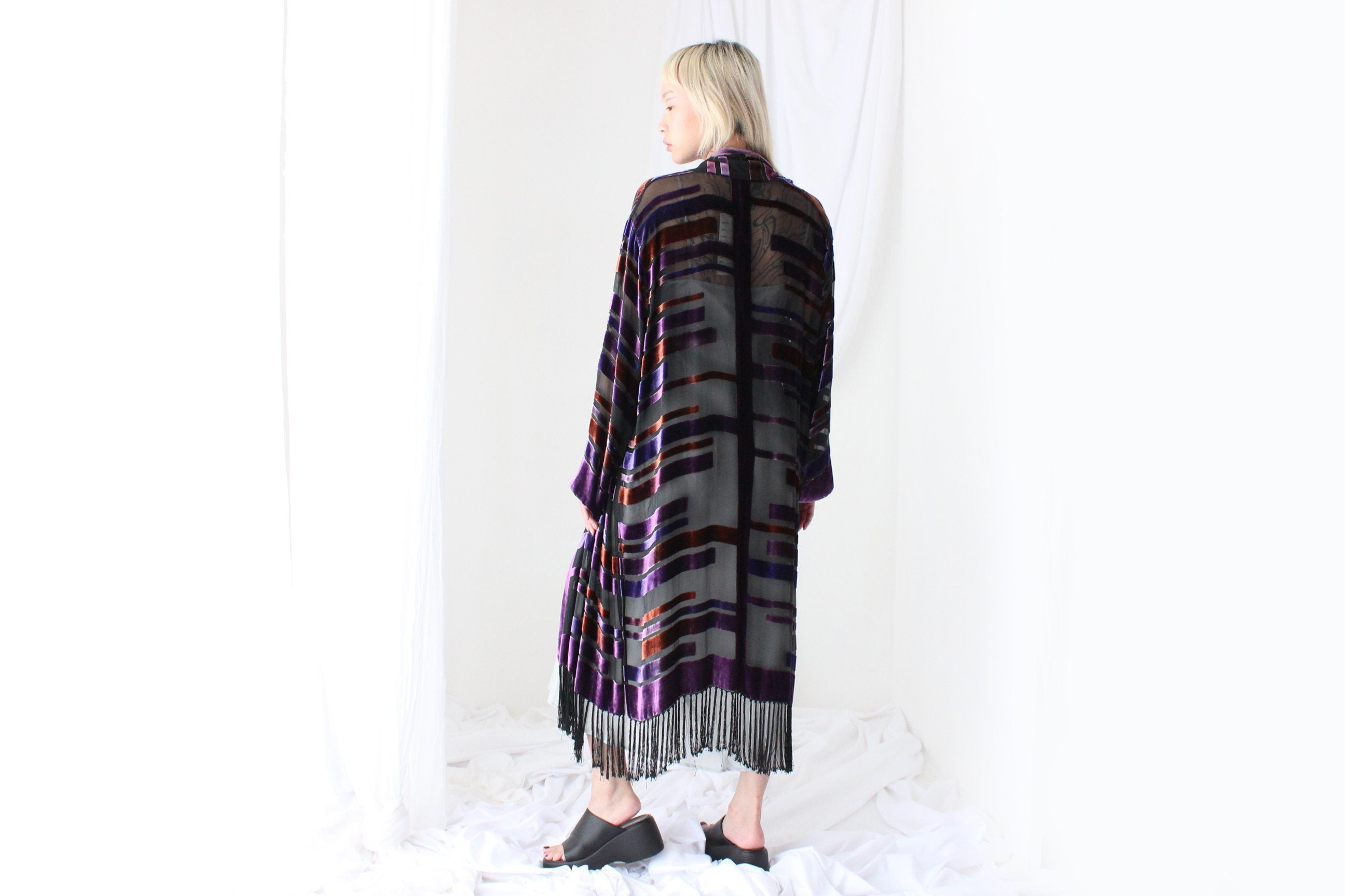 90s Luxury Silk Velvet Geometric Burnout Duster Kimono w/ Fringe